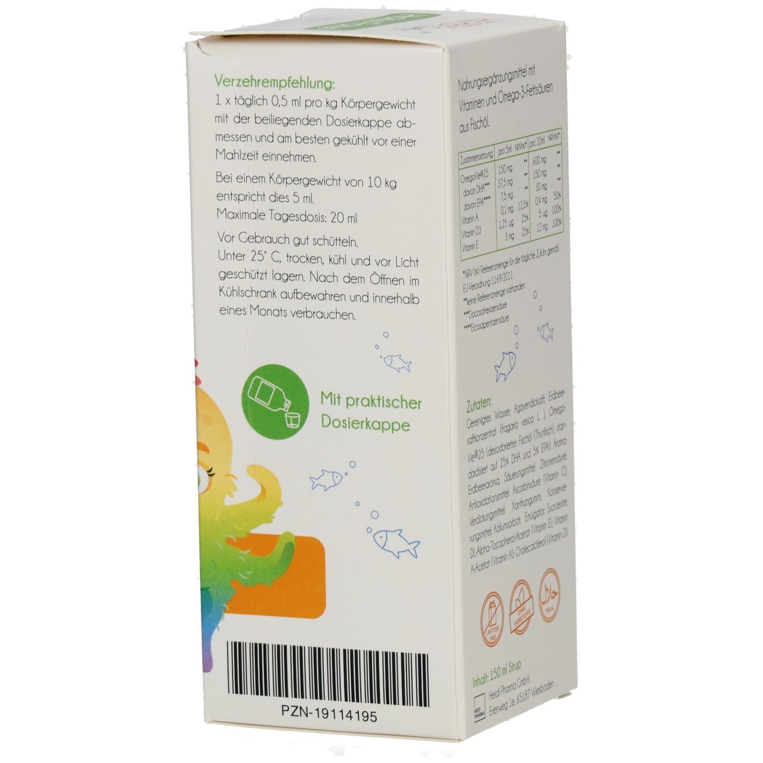 Seite der Hokus Fokus Verpackung. Enthält Verzehrempfehlung. Mit praktischer Dosierkappe. PZN-19114195.