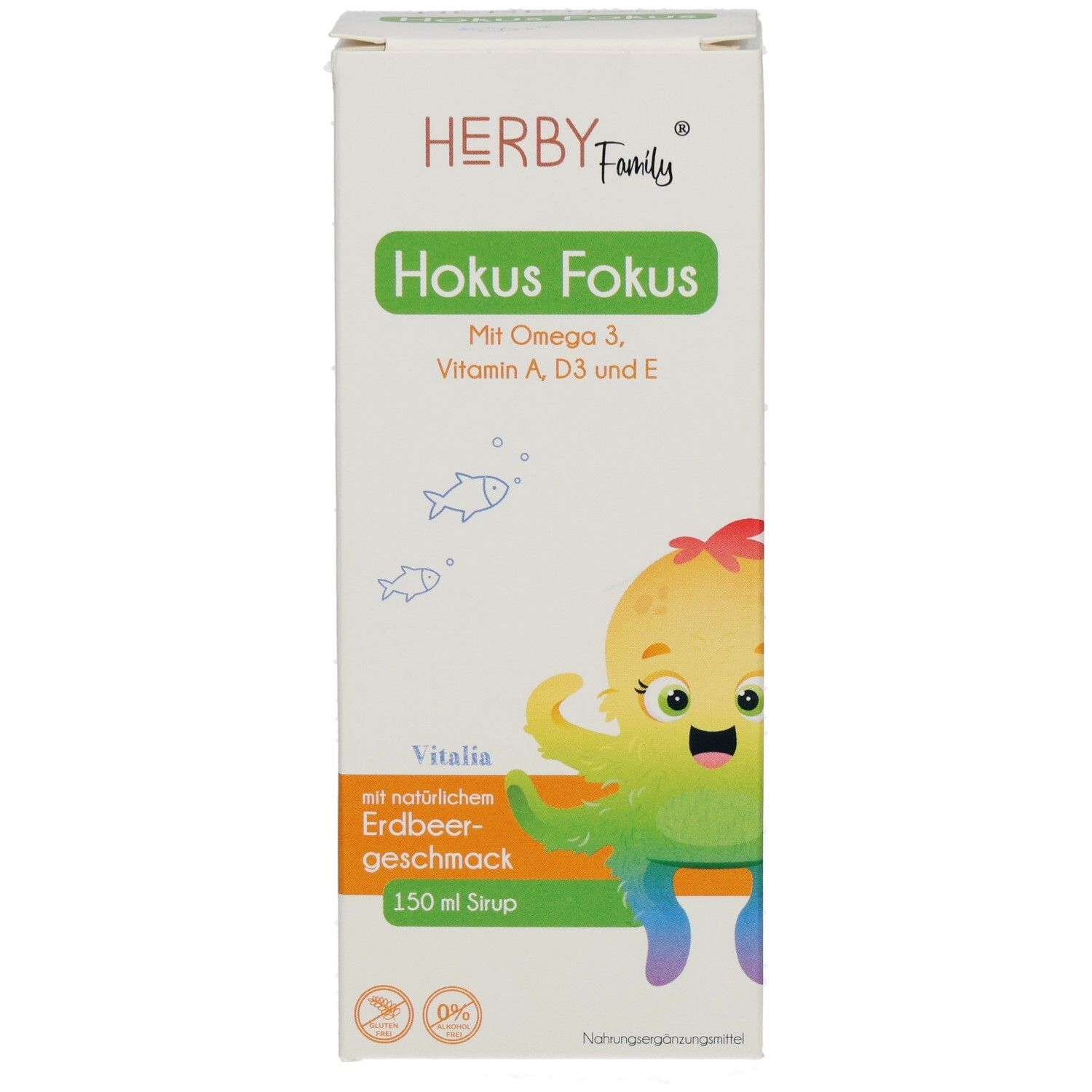 HERBY Family Hokus Fokus Verpackung. Enthält Omega 3, Vitamin A, D3 und E. Mit Erdbeergeschmack. 150 ml Sirup. Abbildung eines Oktopus.