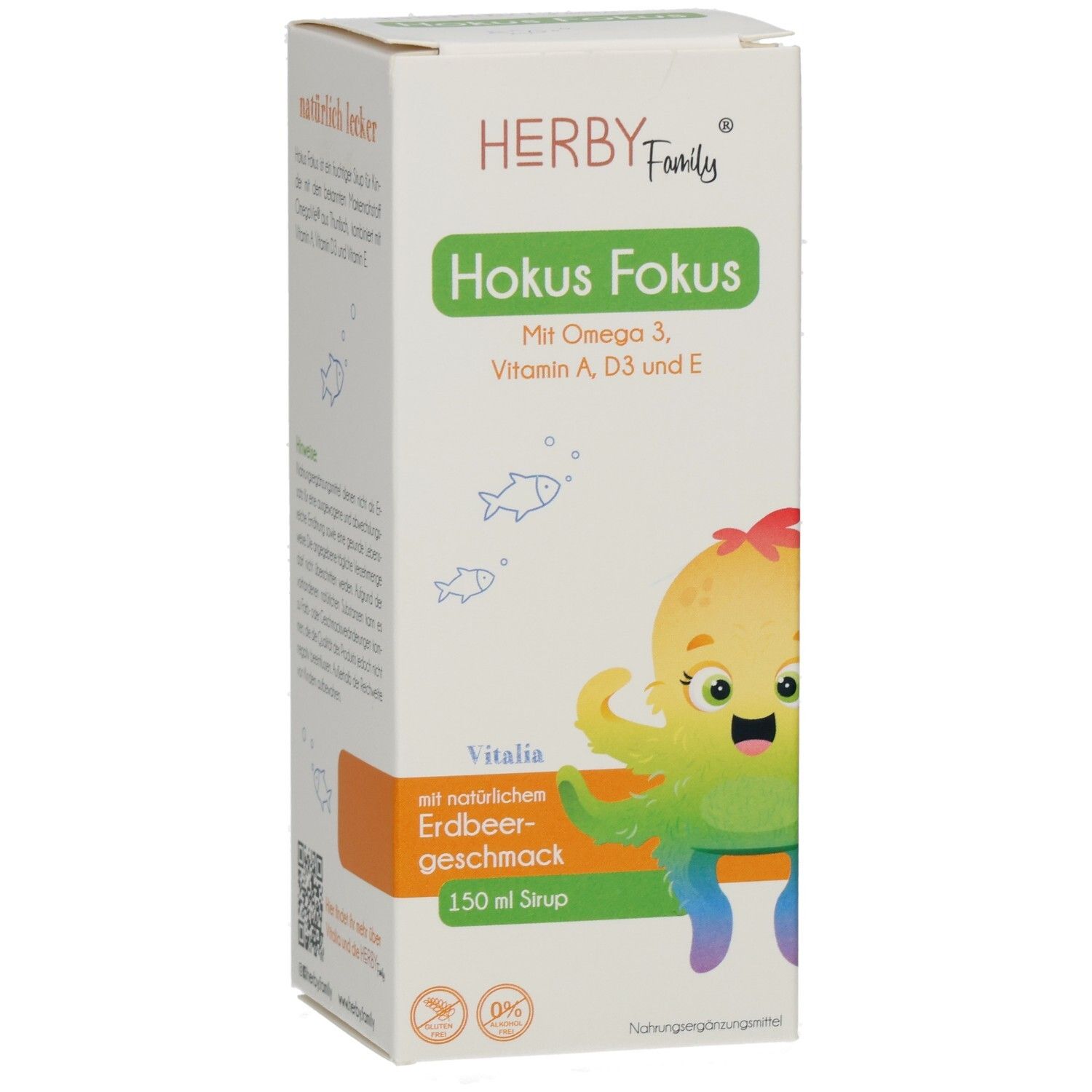 HERBY Family Hokus Fokus Verpackung. Enthält Omega 3, Vitamin A, D3 und E. Mit Erdbeergeschmack. 150 ml Sirup. Abbildung eines Oktopus.