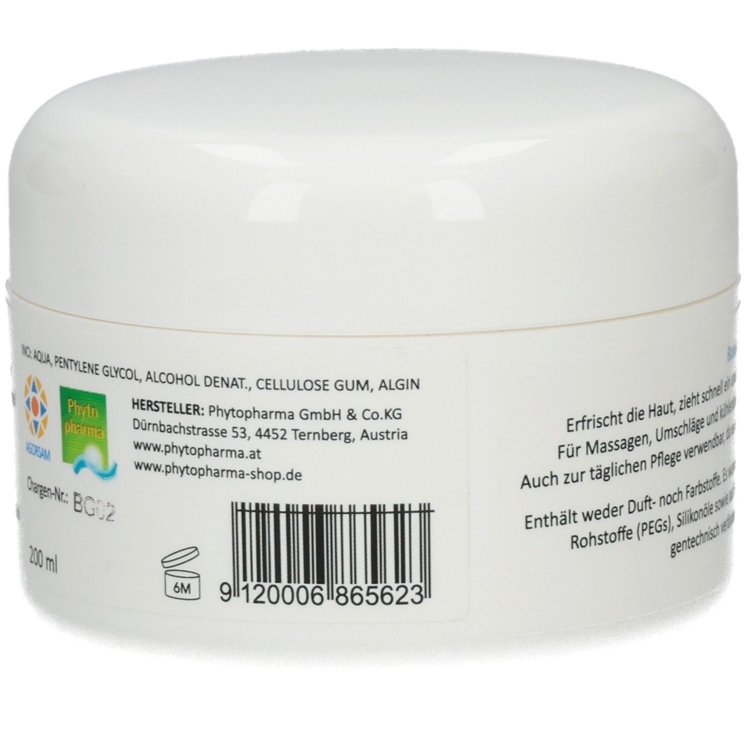 Basis-Gel: Inhaltsstoffe und Herstellerinformationen auf weißem Tiegel.
