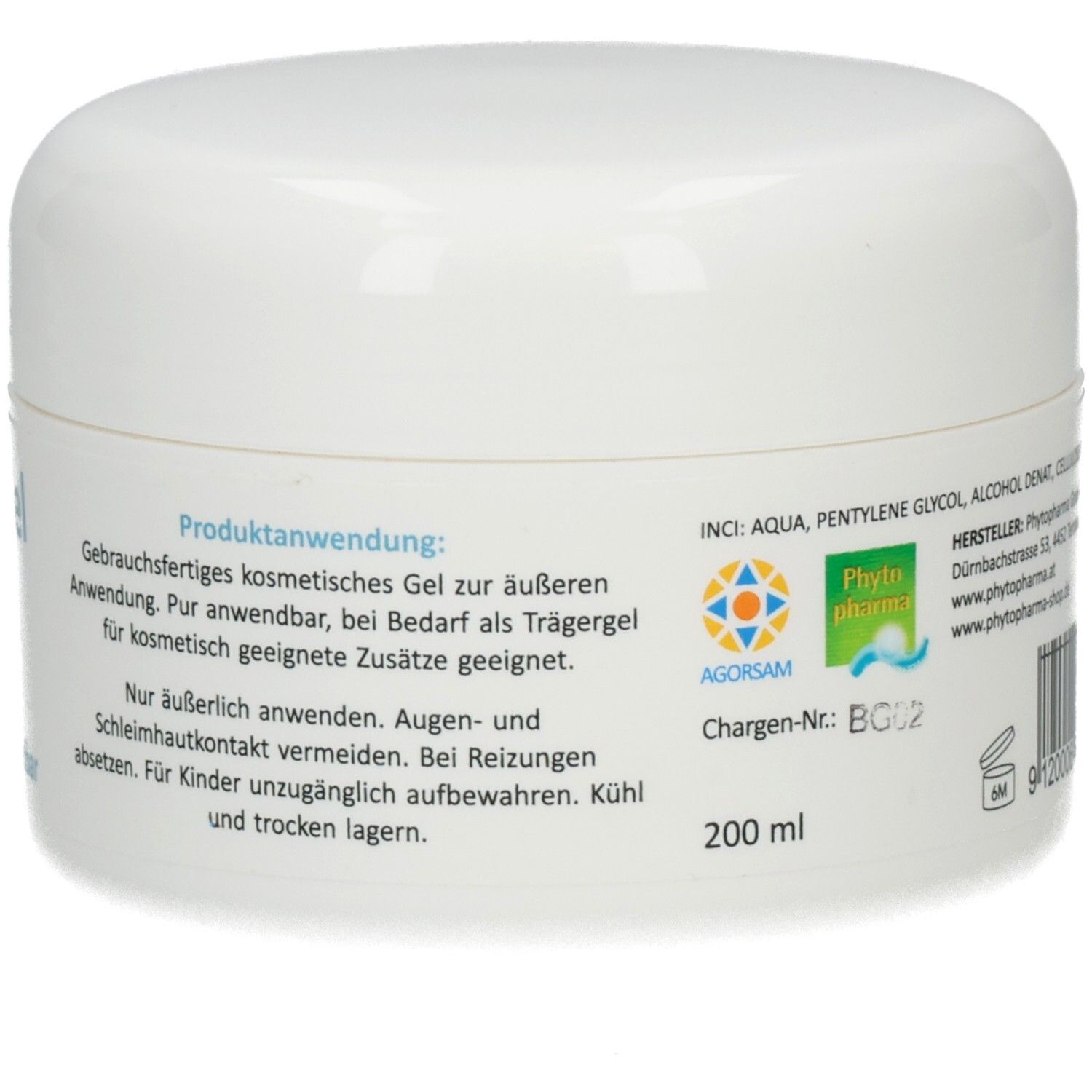 Basis-Gel: 200 ml Tiegel mit Anwendungshinweisen und Herstellerangaben.