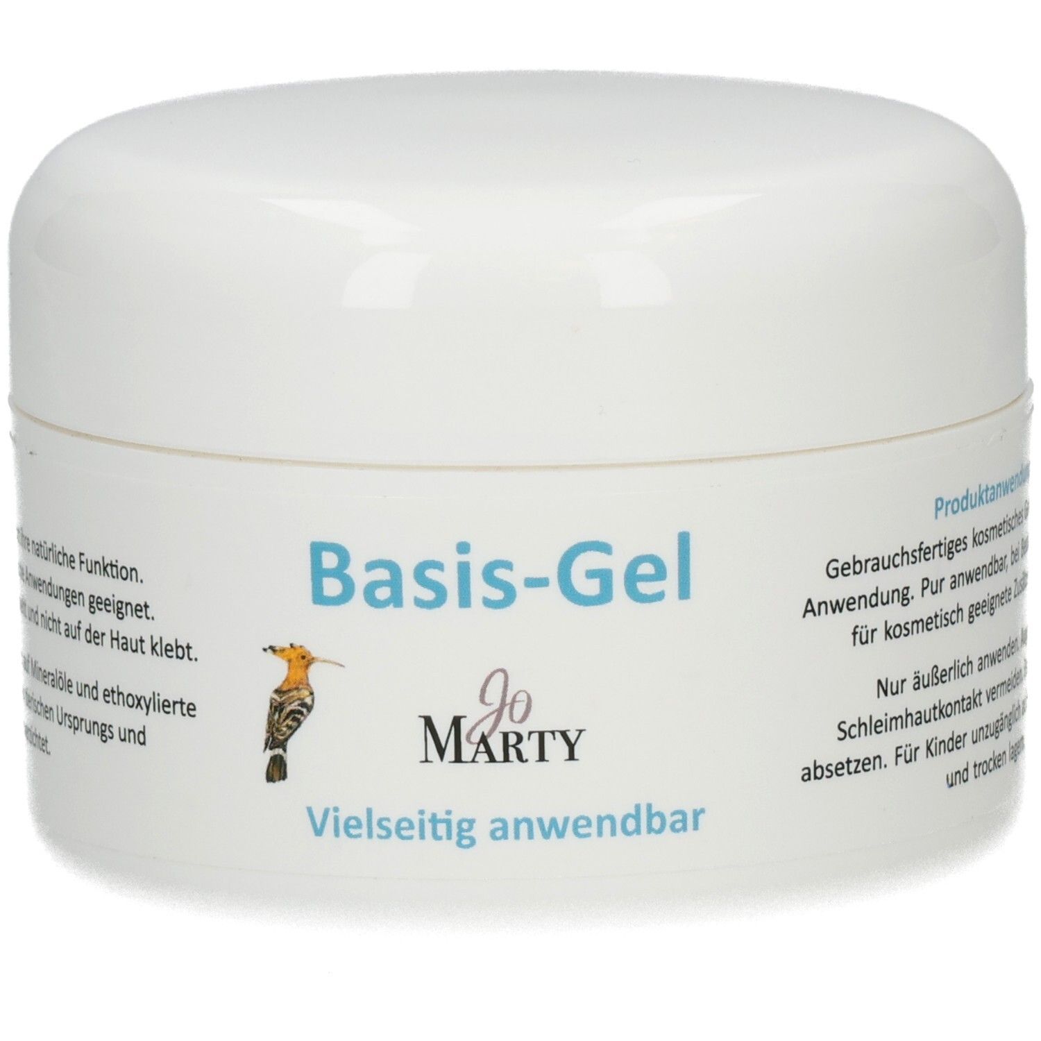 Basis-Gel von Jo Marty: Weißer Tiegel mit Produktinformationen und Vogelmotiv.