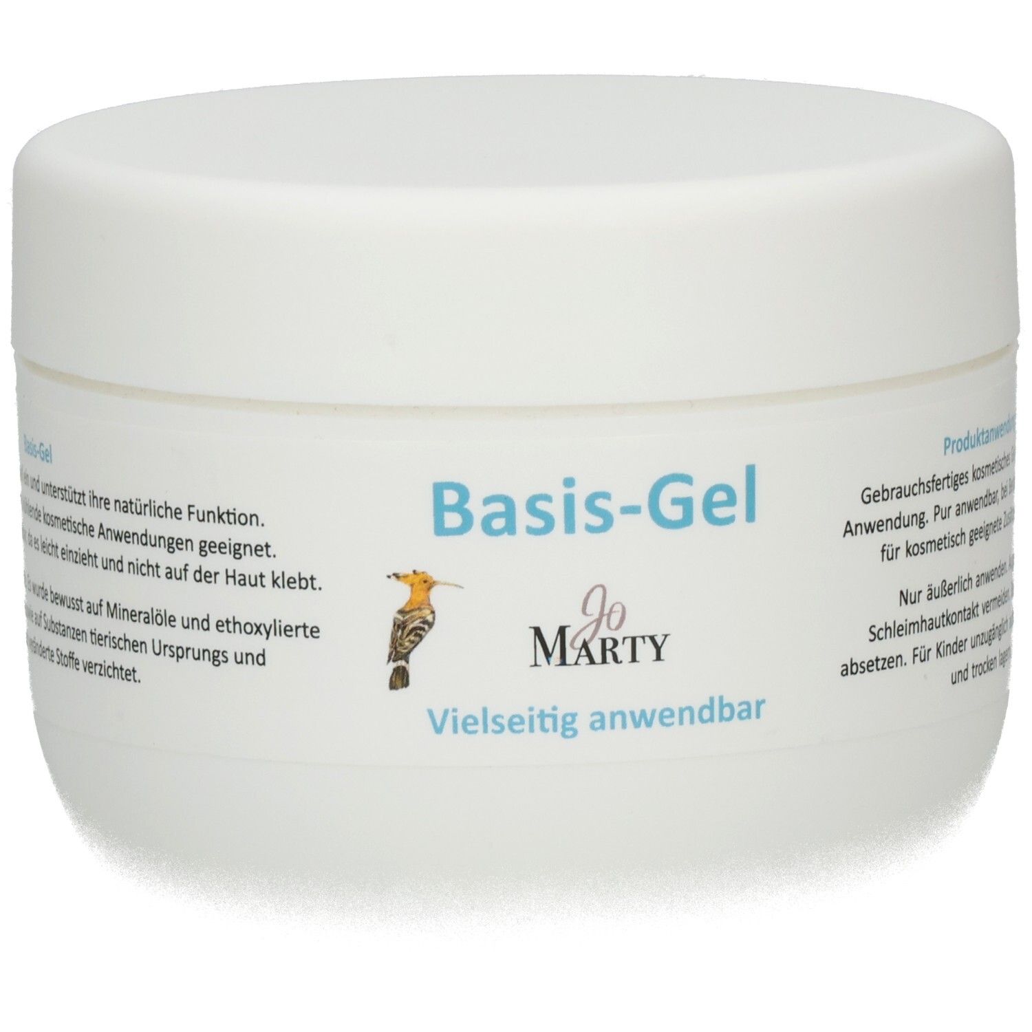 Weißer Tiegel mit der Aufschrift "Basis-Gel" und "Jo MARTY". Enthält eine kleine Vogelillustration.