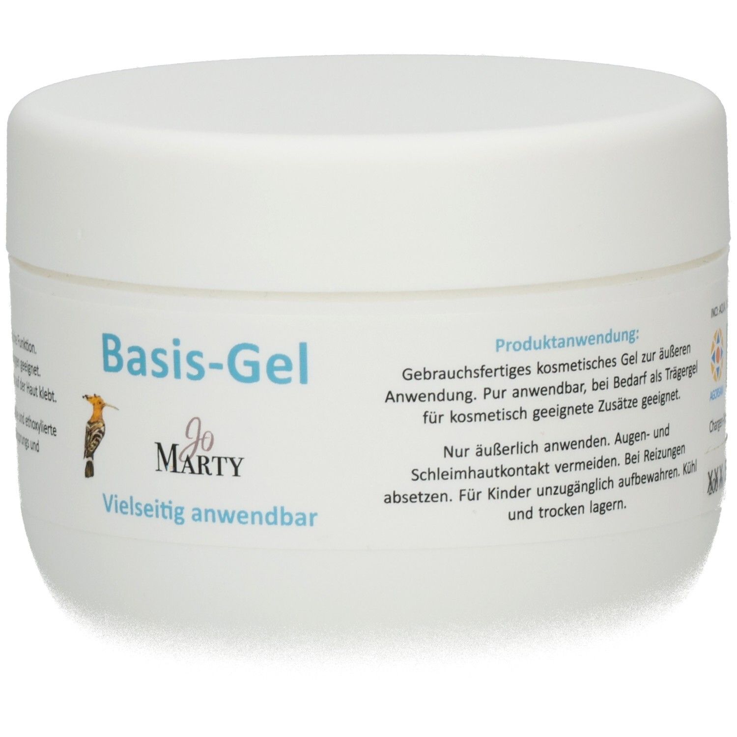 Vorderseite eines weißen Tiegels mit "Basis-Gel"-Etikett, das Anwendungshinweise und "Jo MARTY" zeigt.