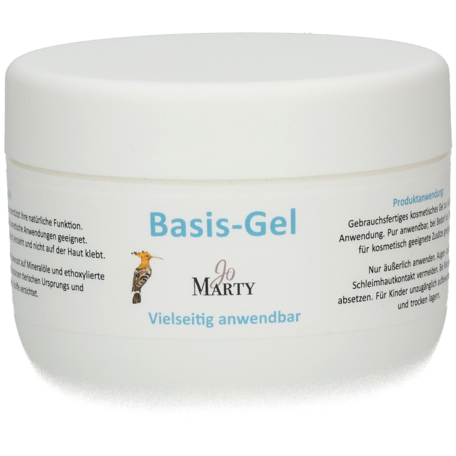 Weißer Tiegel mit "Basis-Gel"-Etikett, das die Marke "Jo MARTY" und eine Vogelillustration zeigt.