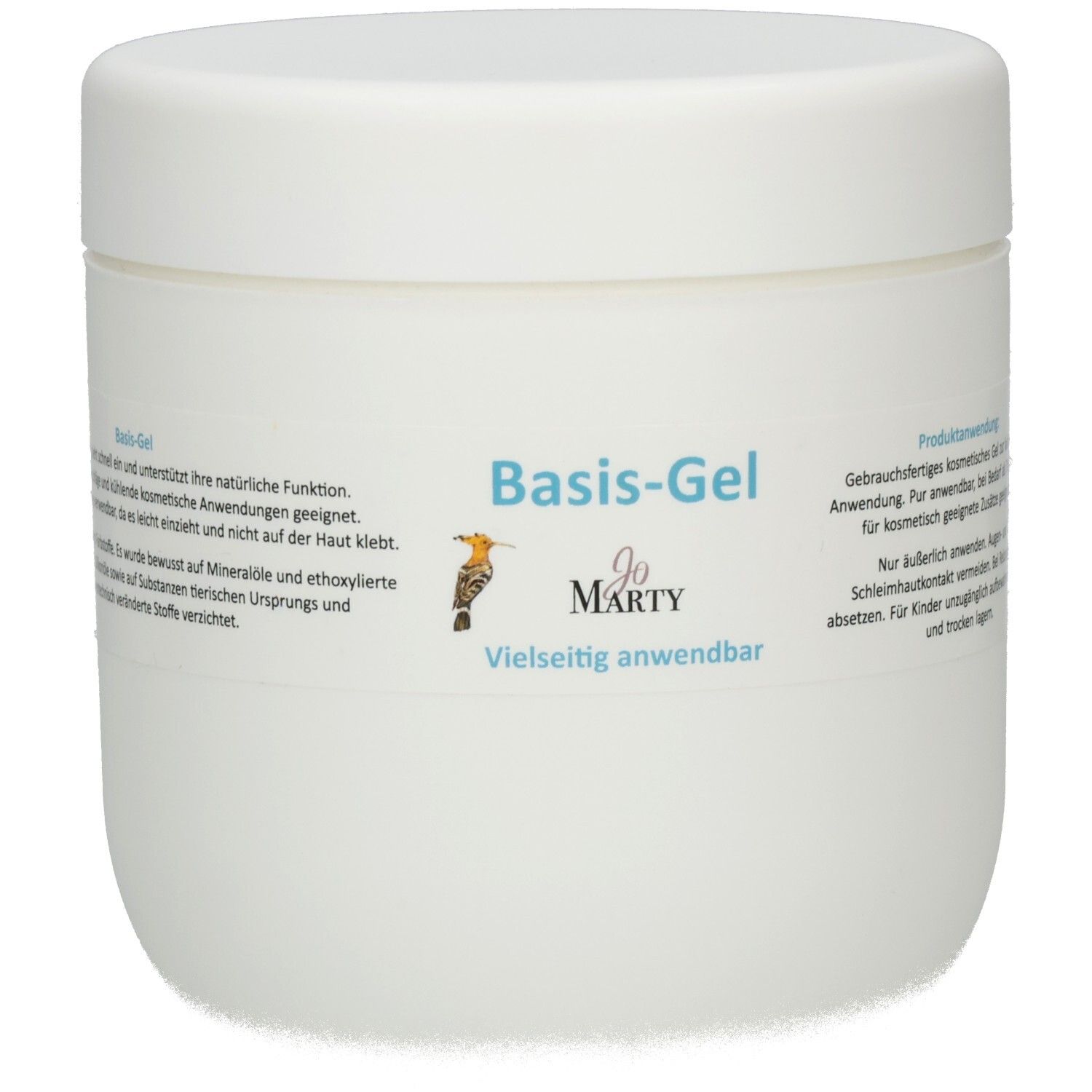 Weißer Tiegel mit blauem Aufkleber: Basis-Gel, Jo Marty, Vielseitig anwendbar.