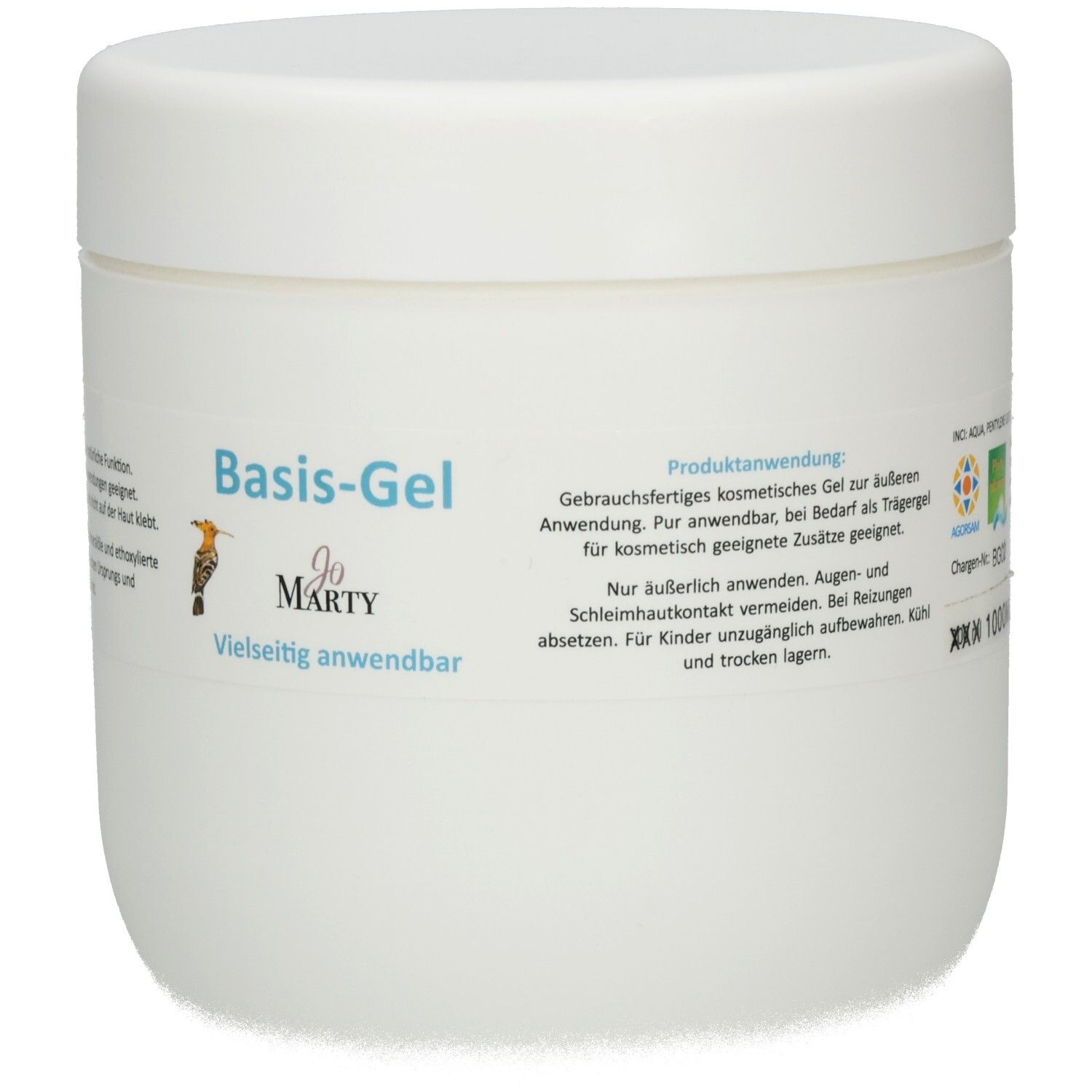 Weißer Tiegel mit Aufkleber: Basis-Gel, Jo Marty, Produktanwendung, Siegel.