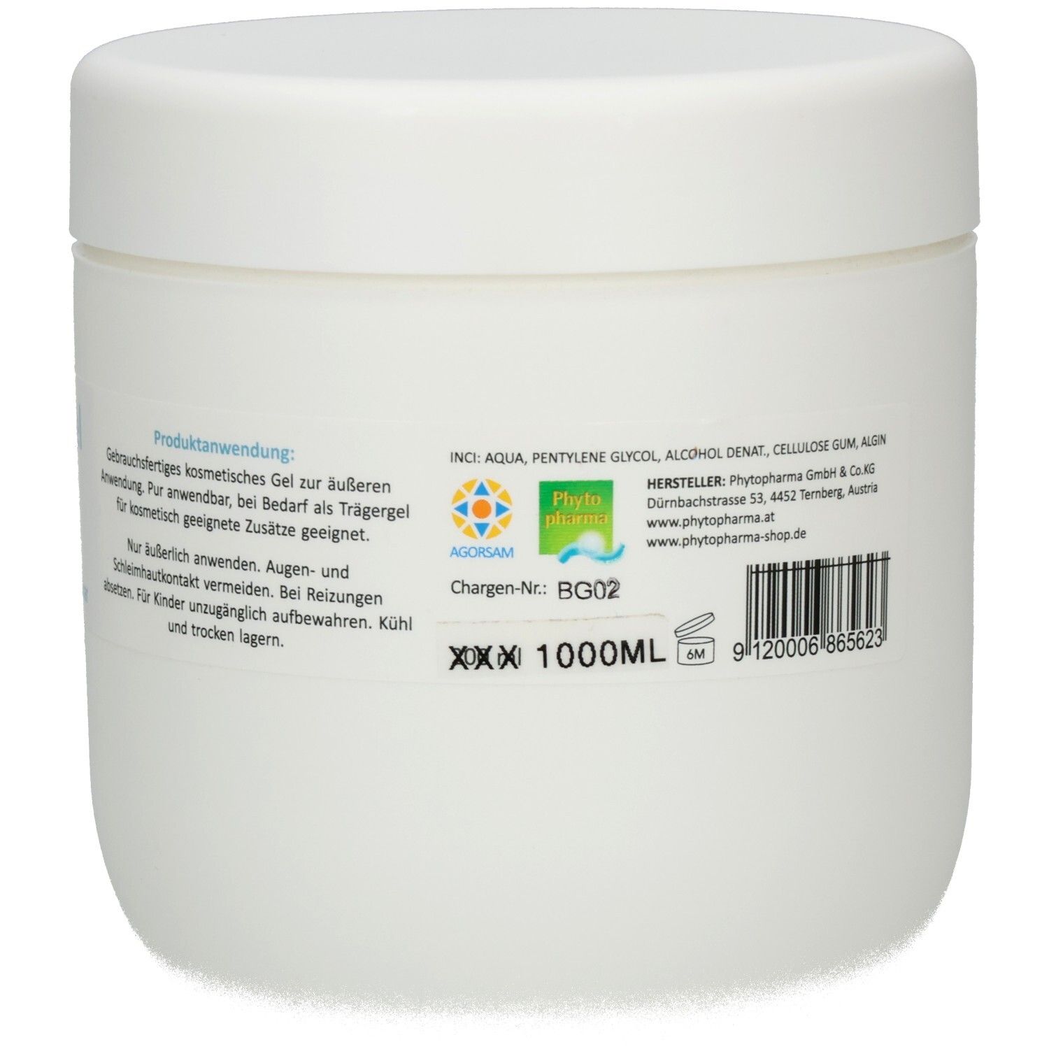 Rückseite eines weißen Tiegels mit Inhaltsstoffen, Hersteller und Barcode.