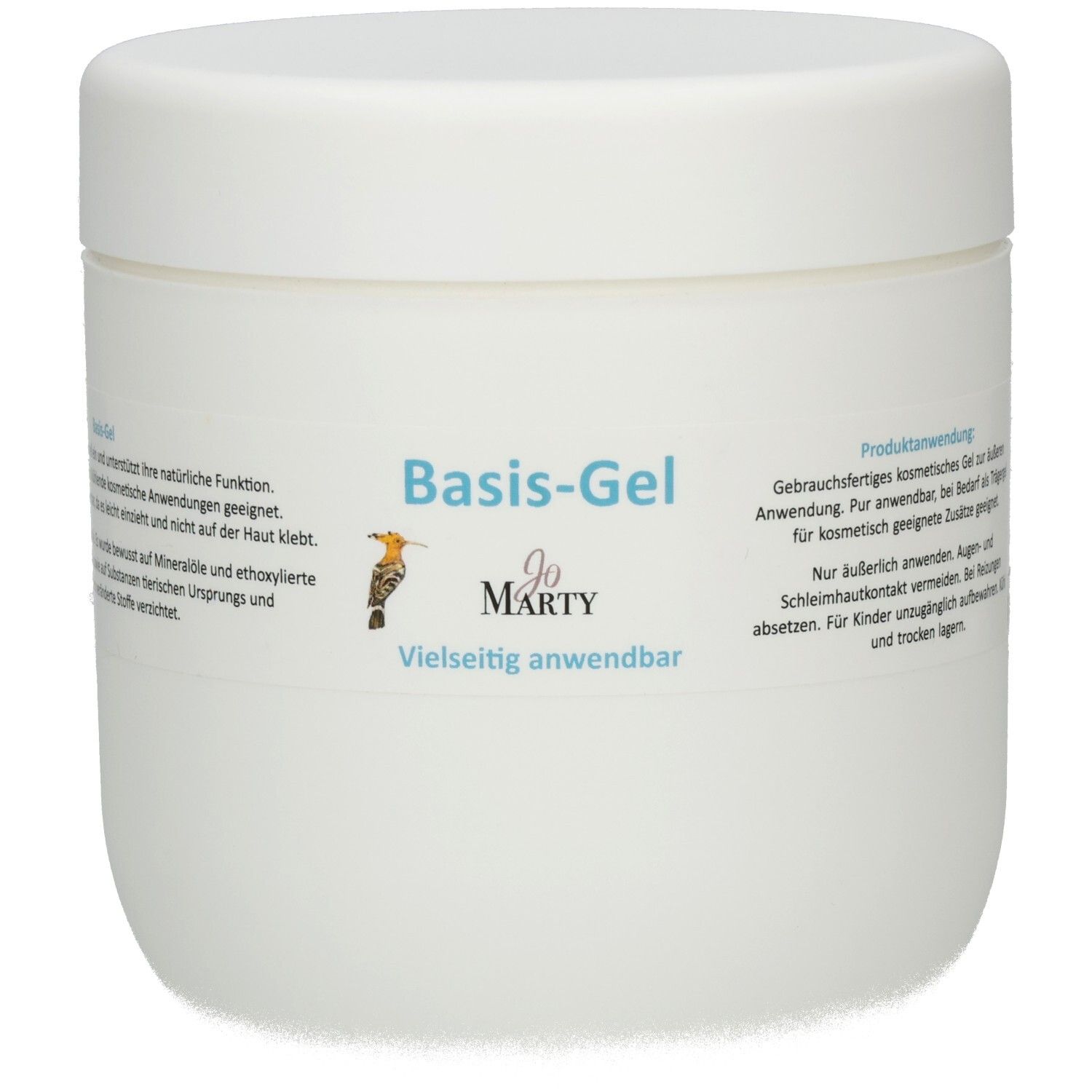 Weißer Tiegel mit blauem Aufkleber: Basis-Gel, Jo Marty, Vielseitig anwendbar.