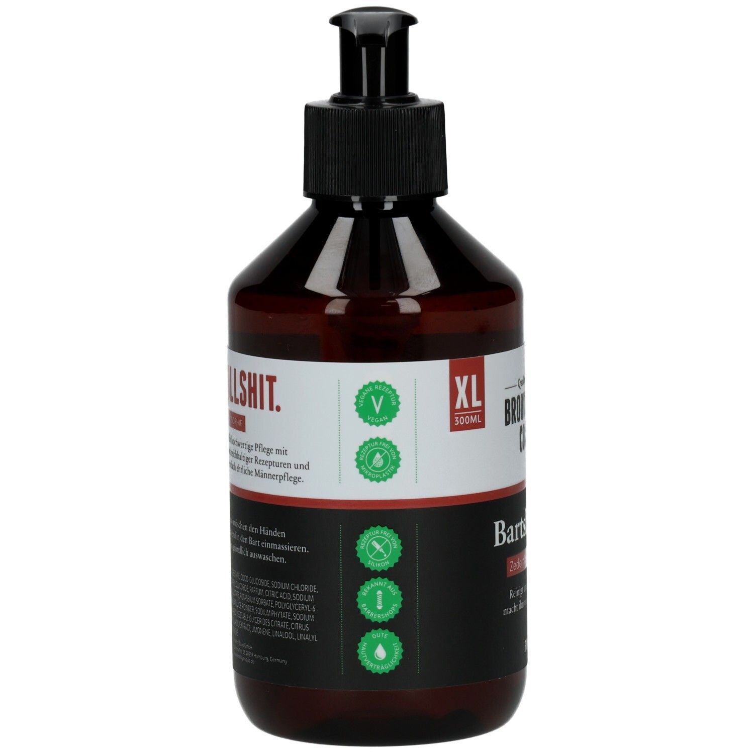 Braune Flasche mit schwarzem Pumpkopf. Aufschrift: Brooklyn Soap Company. Vegan-Siegel. 300 ml. Inhaltsstoffe.