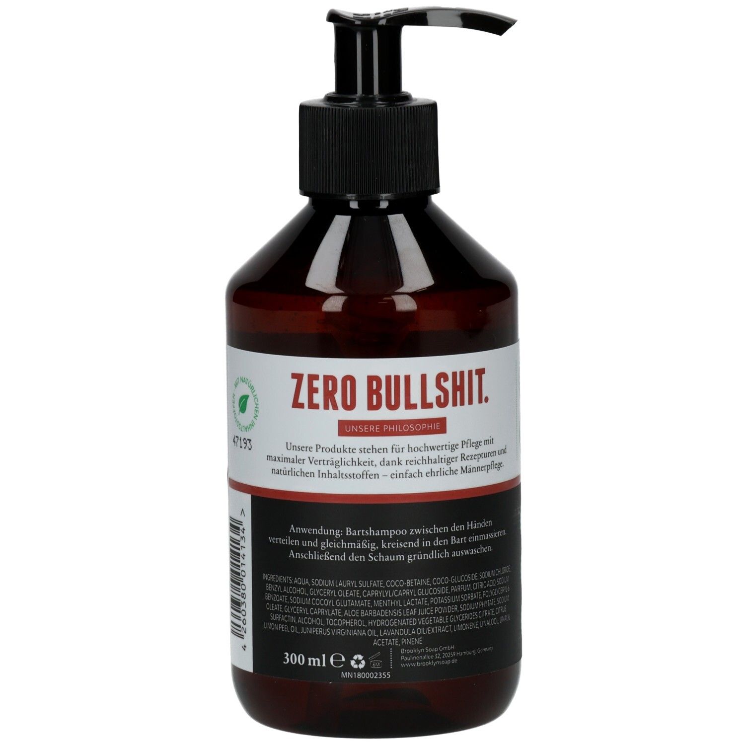 Braune Flasche mit schwarzem Pumpkopf. Aufschrift: ZERO BULLSHIT. 300 ml. Inhaltsstoffe.