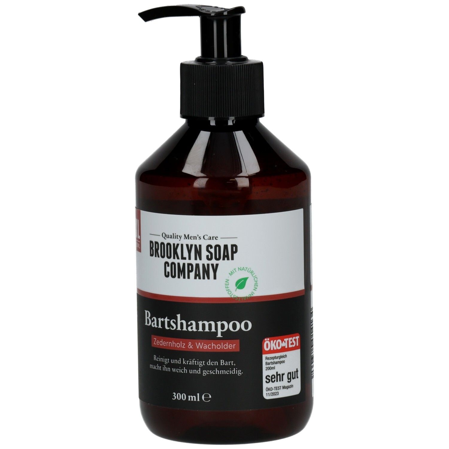 Braune Flasche mit schwarzem Pumpkopf. Aufschrift: Brooklyn Soap Company Bartshampoo. ÖKO-TEST Siegel. 300 ml.