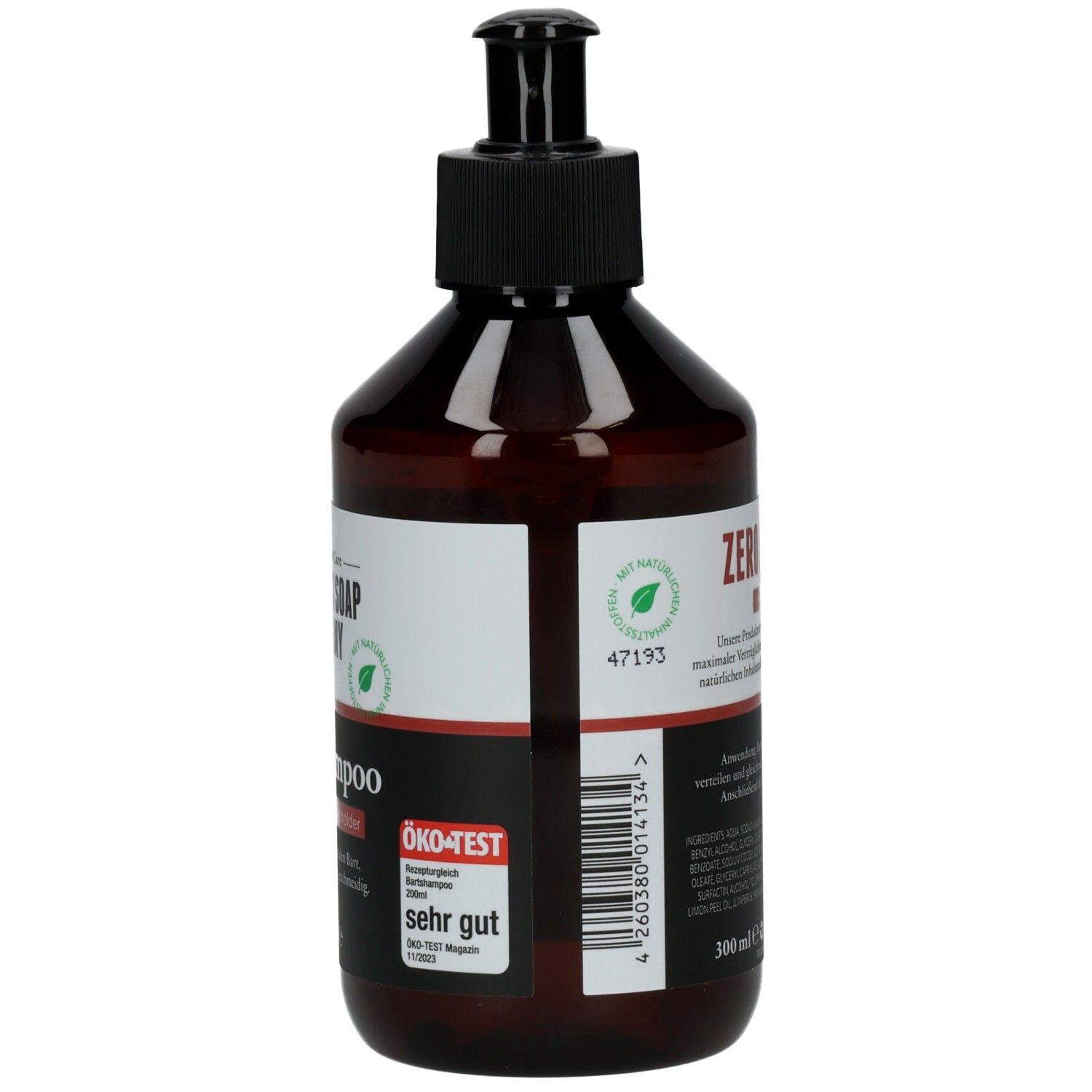 Braune Flasche mit schwarzem Pumpkopf. Aufschrift: ZERO BULLSHIT. ÖKO-TEST Siegel. 300 ml. Rückseite mit Text.