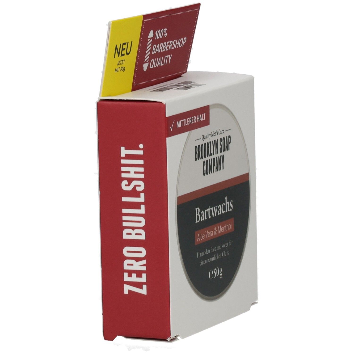 Kartonverpackung, seitlich mit Text "ZERO BULLSHIT". Auf der Vorderseite: "BROOKLYN SOAP COMPANY Bartwachs Aloe Vera & Menthol".