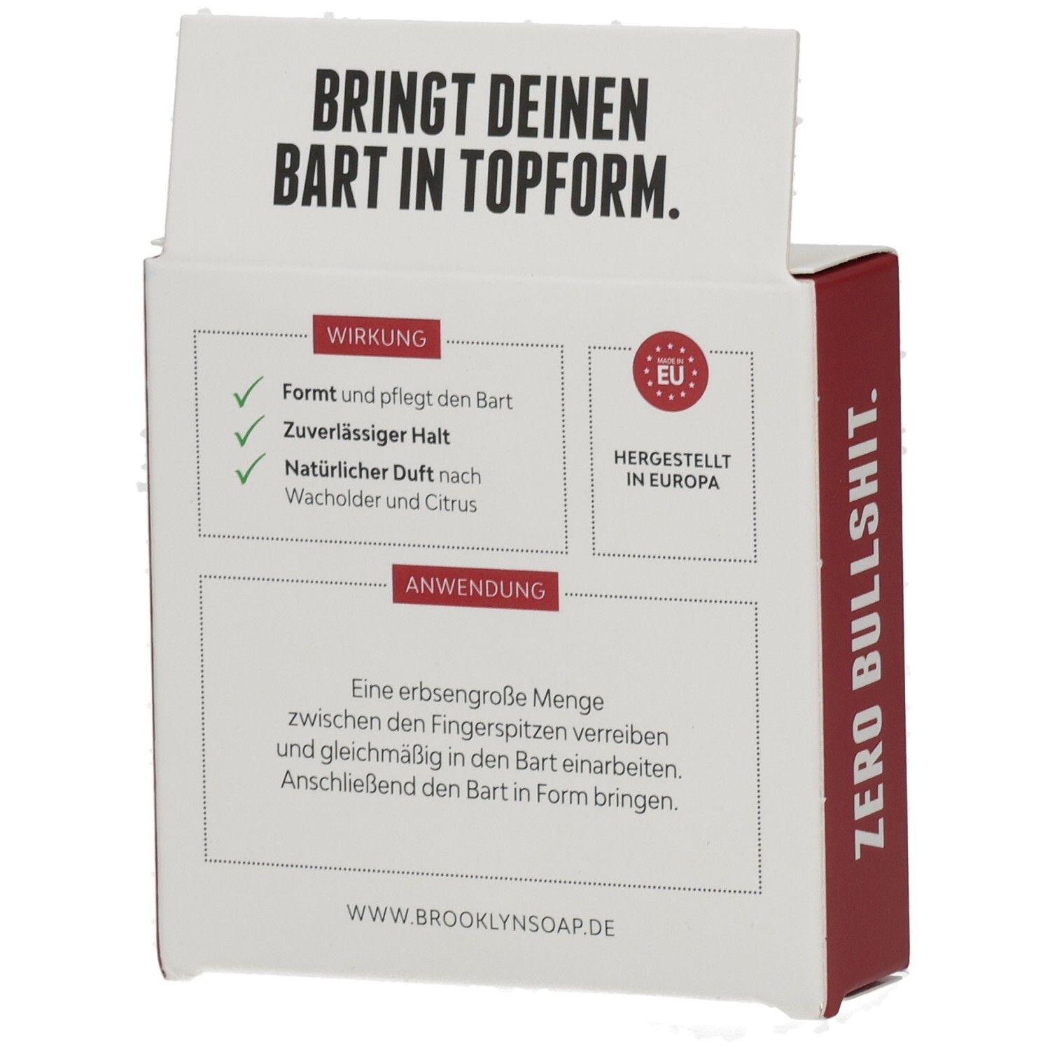 Rückseite der Kartonverpackung. Text: "BRINGT DEINEN BART IN TOPFORM". Informationen zu Wirkung und Anwendung. EU-Zertifizierung.