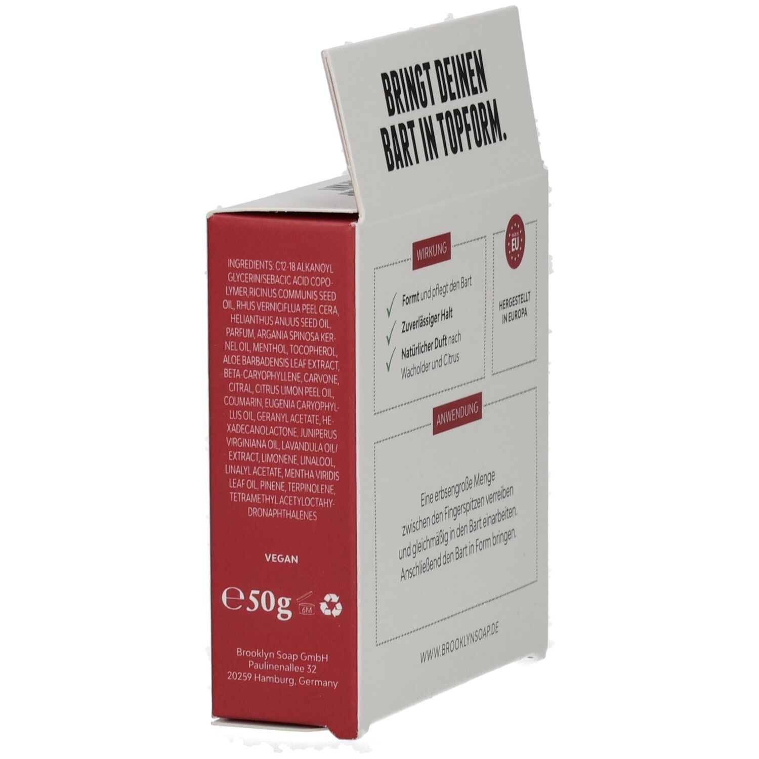 Rückseite der Kartonverpackung mit Inhaltsstoffen und Informationen. EU-Zertifizierung. Vegan-Logo.