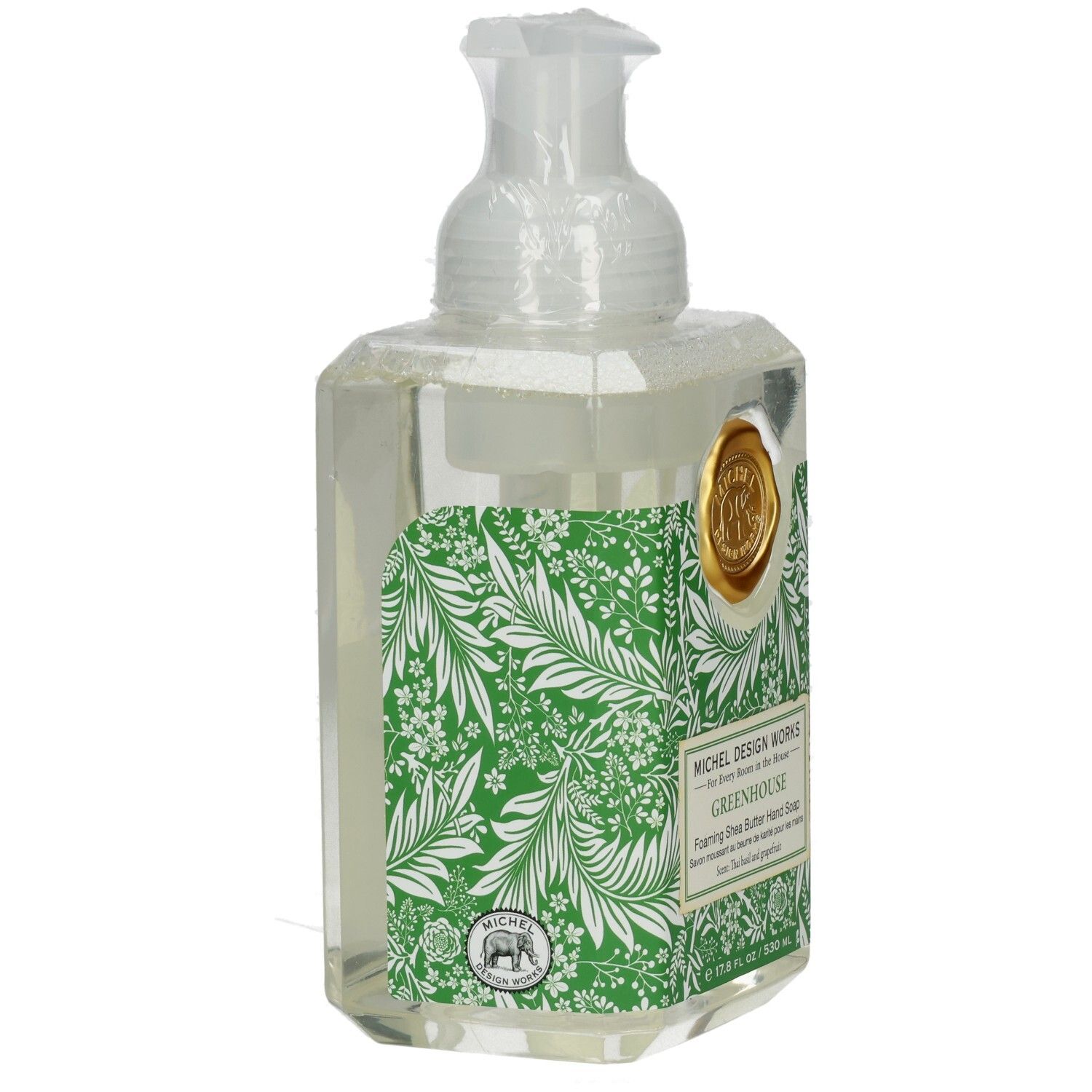 Handseife mit floralem Muster. Grüner Aufkleber. Pumpkopf. Text: Michel Design Works, Greenhouse, Foaming Shea Butter Hand Soap.