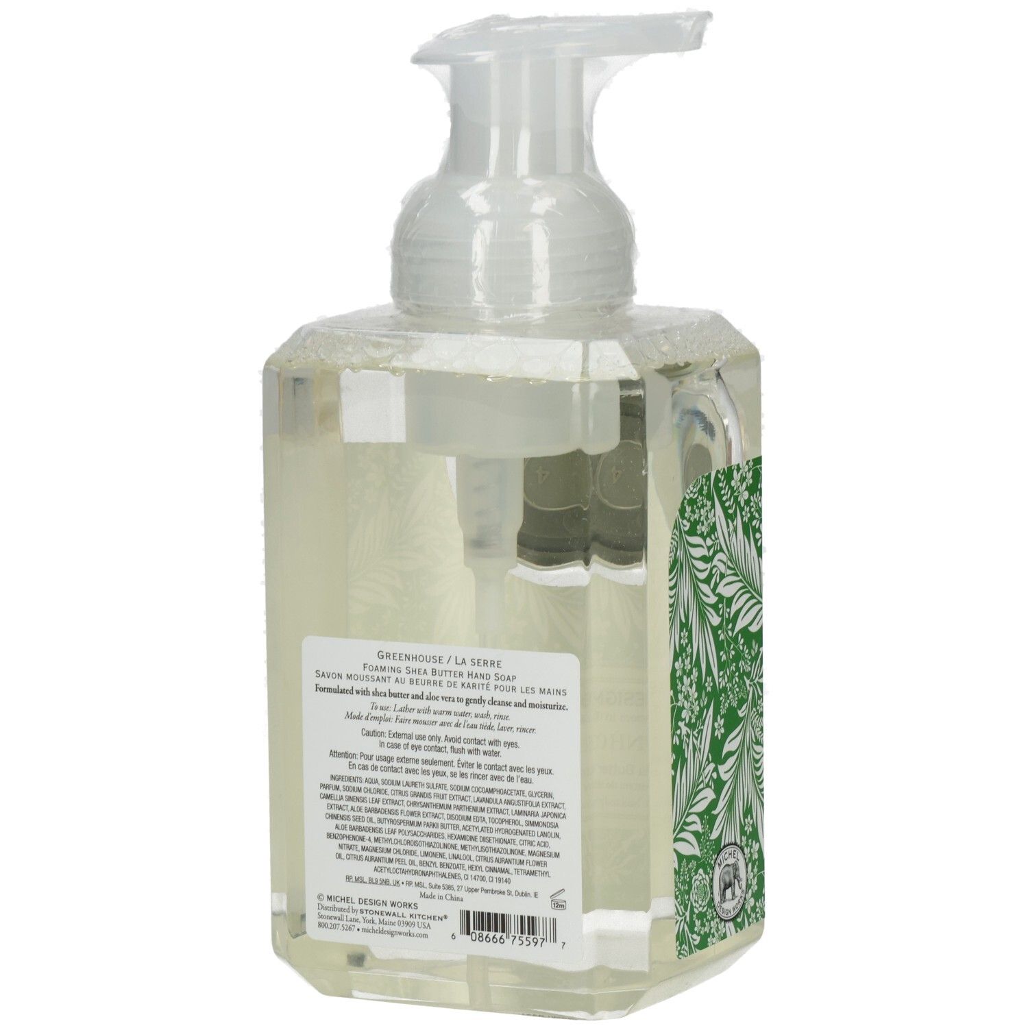 Rückseite der Handseife. Text: Greenhouse, Foaming Shea Butter Hand Soap. Inhaltsstoffe und Warnhinweise. Pumpkopf.