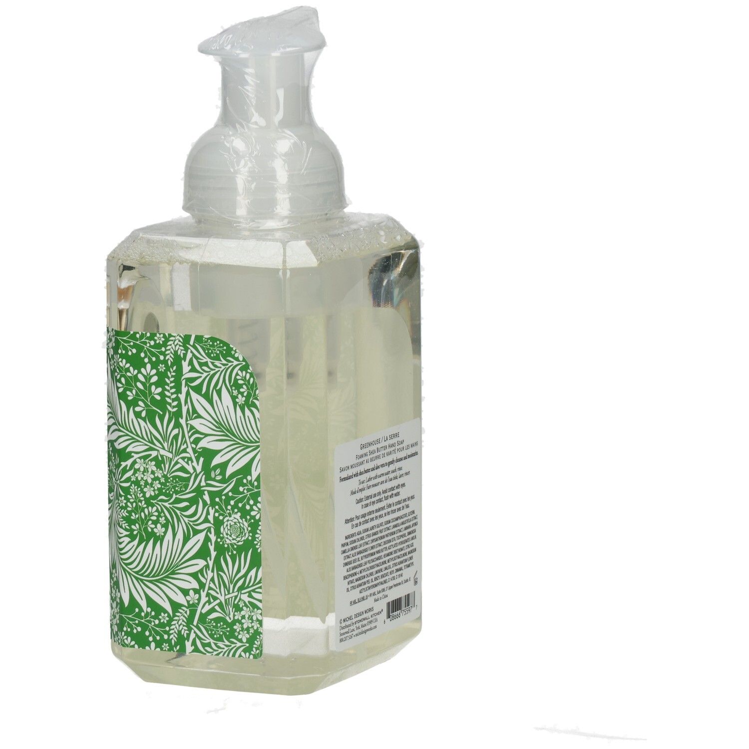 Handseife mit floralem Muster. Text: Greenhouse. Pumpkopf. Rückseite mit Inhaltsstoffen und Warnhinweisen.