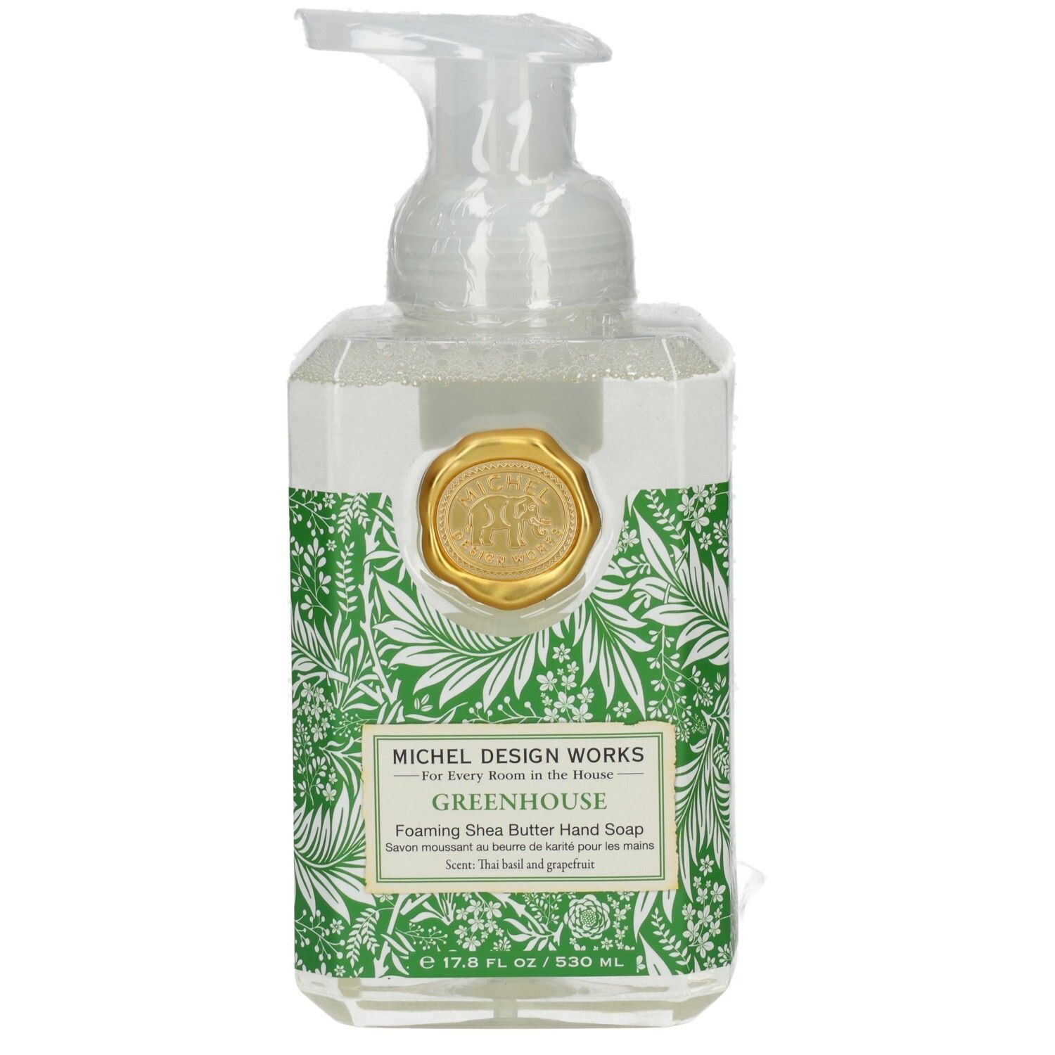 Handseife mit floralem Muster. Goldfarbenes Siegel. Pumpkopf. Text: Michel Design Works, Greenhouse, Foaming Shea Butter Hand Soap.