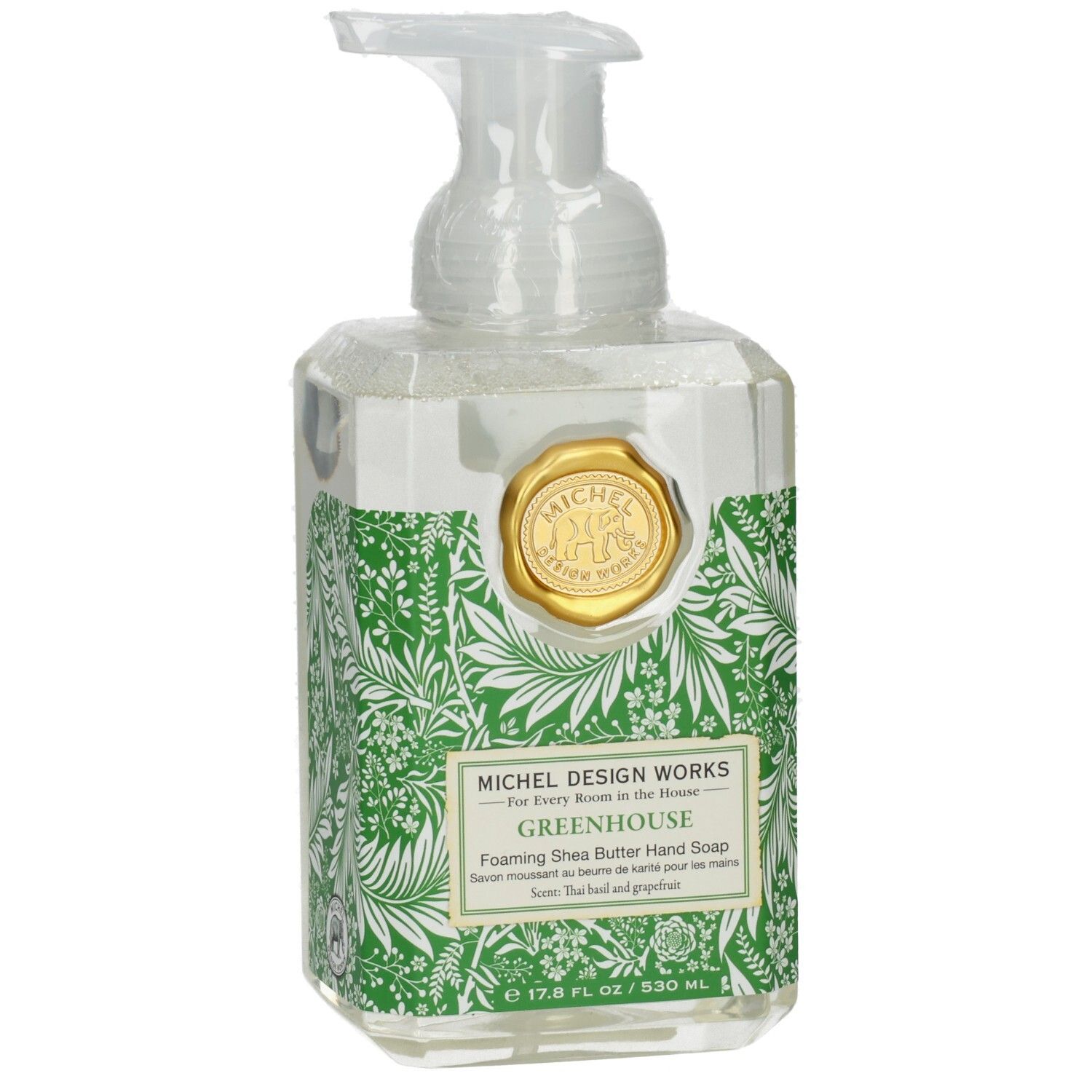 Handseife mit floralem Muster. Goldfarbenes Siegel. Pumpkopf. Text: Michel Design Works, Greenhouse, Foaming Shea Butter Hand Soap.