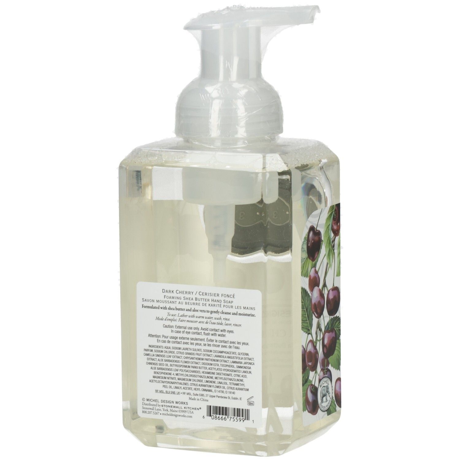 Transparente Seifenflasche mit Kirschmuster. Aufschrift: Dark Cherry. Schaumseife. Rückseite mit Text.