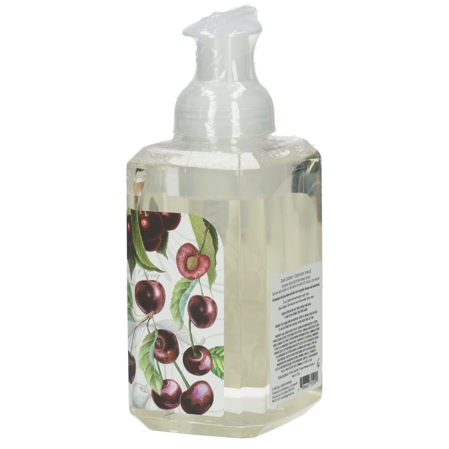 Transparente Seifenflasche mit Kirschmuster. Aufschrift: Dark Cherry. Schaumseife. Rückseite mit Text.