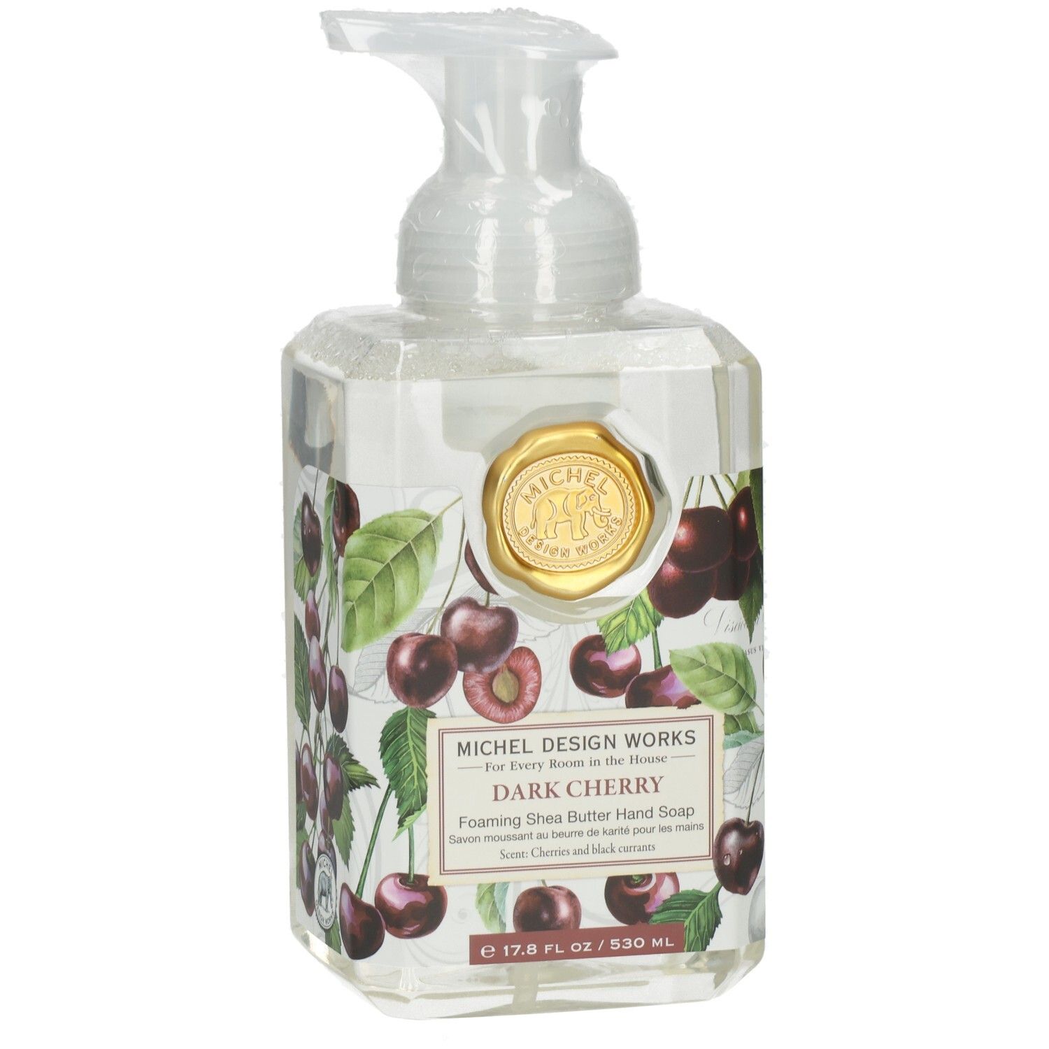 Transparente Seifenflasche mit Kirschmuster und goldenem Siegel. Aufschrift: Dark Cherry. Schaumseife.