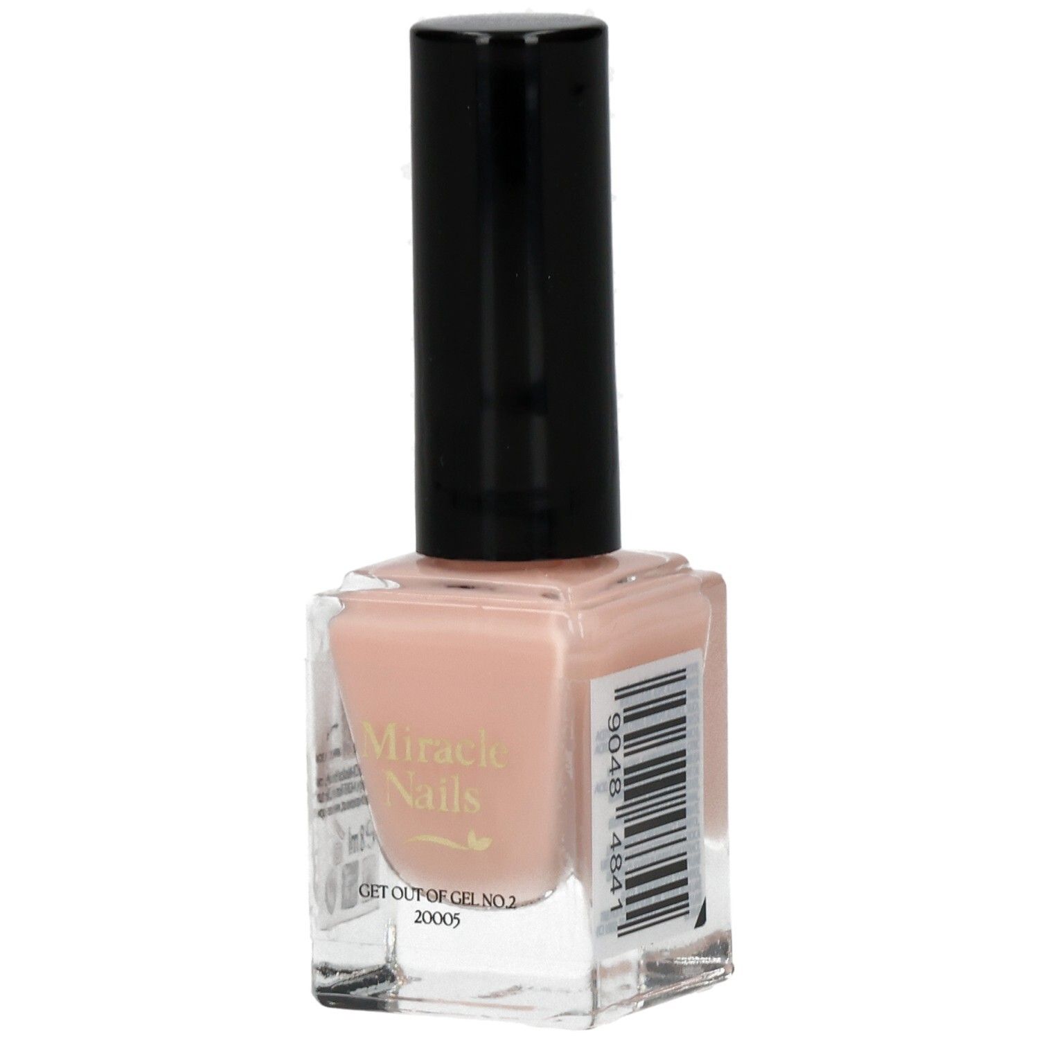 Nagellackflasche mit schwarzem Deckel. Aufschrift: Miracle Nails, GET OUT OF GEL NR.2. Farbton: Rosa. Mit Barcode.