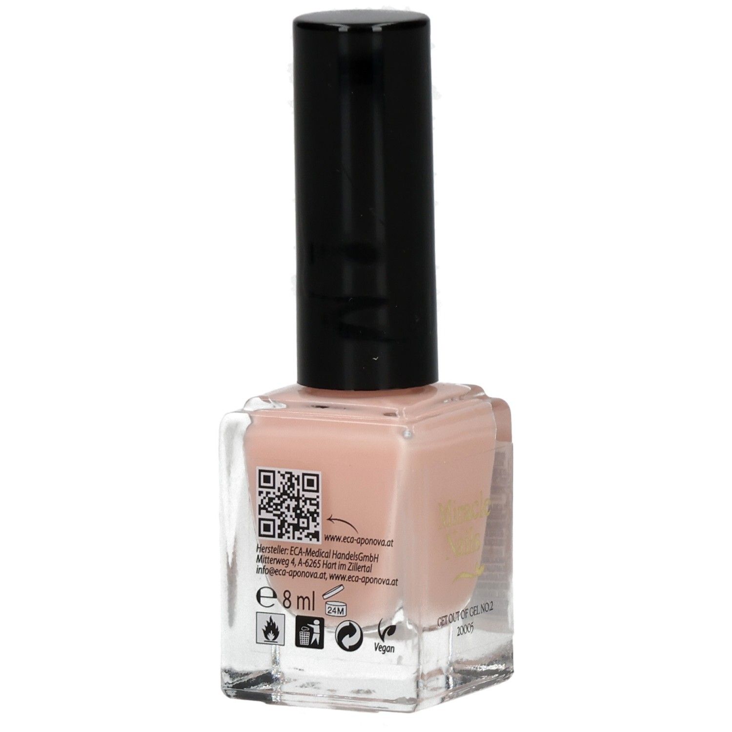 Nagellackflasche mit schwarzem Deckel. Aufschrift: Miracle Nails, GET OUT OF GEL NR.2. Farbton: Rosa. Mit QR-Code und Symbolen.