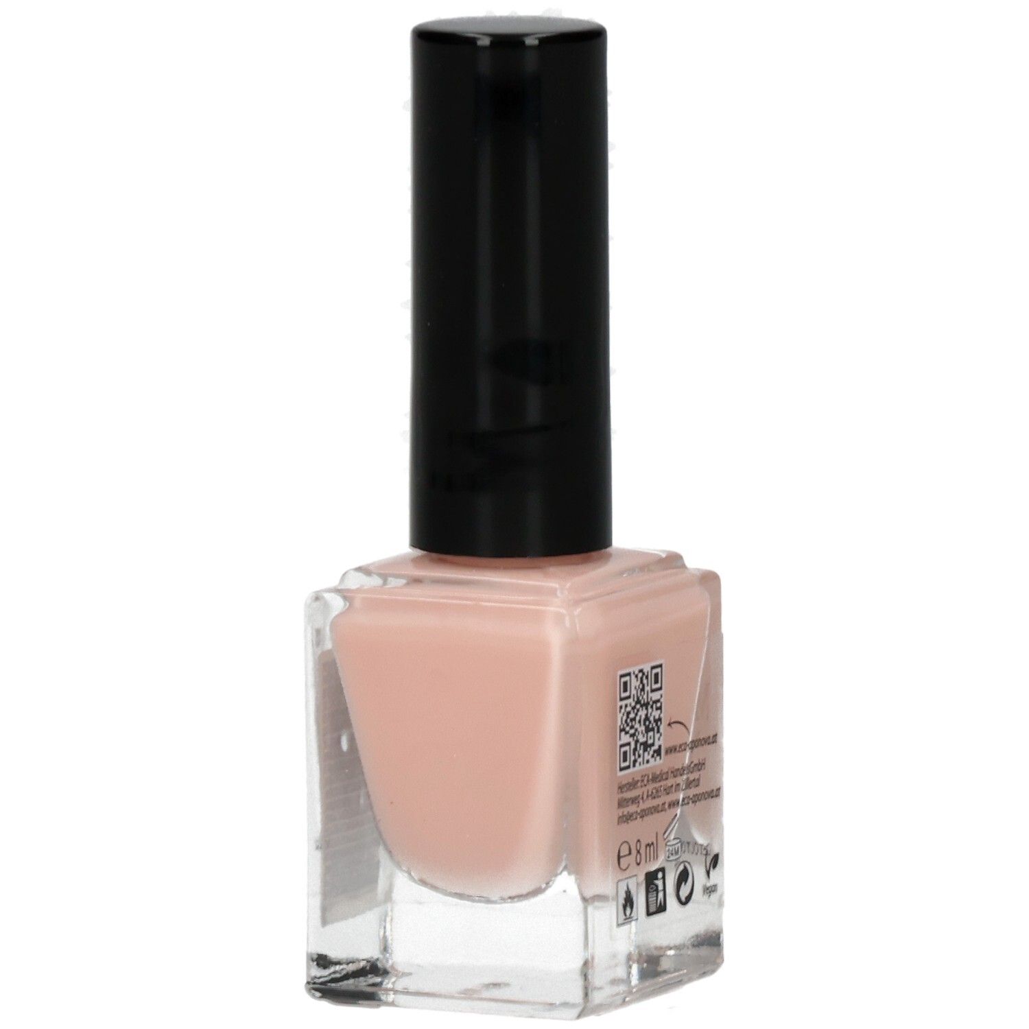 Nagellackflasche mit schwarzem Deckel. Aufschrift: Miracle Nails, GET OUT OF GEL NR.2. Farbton: Rosa. Mit QR-Code und Symbolen.