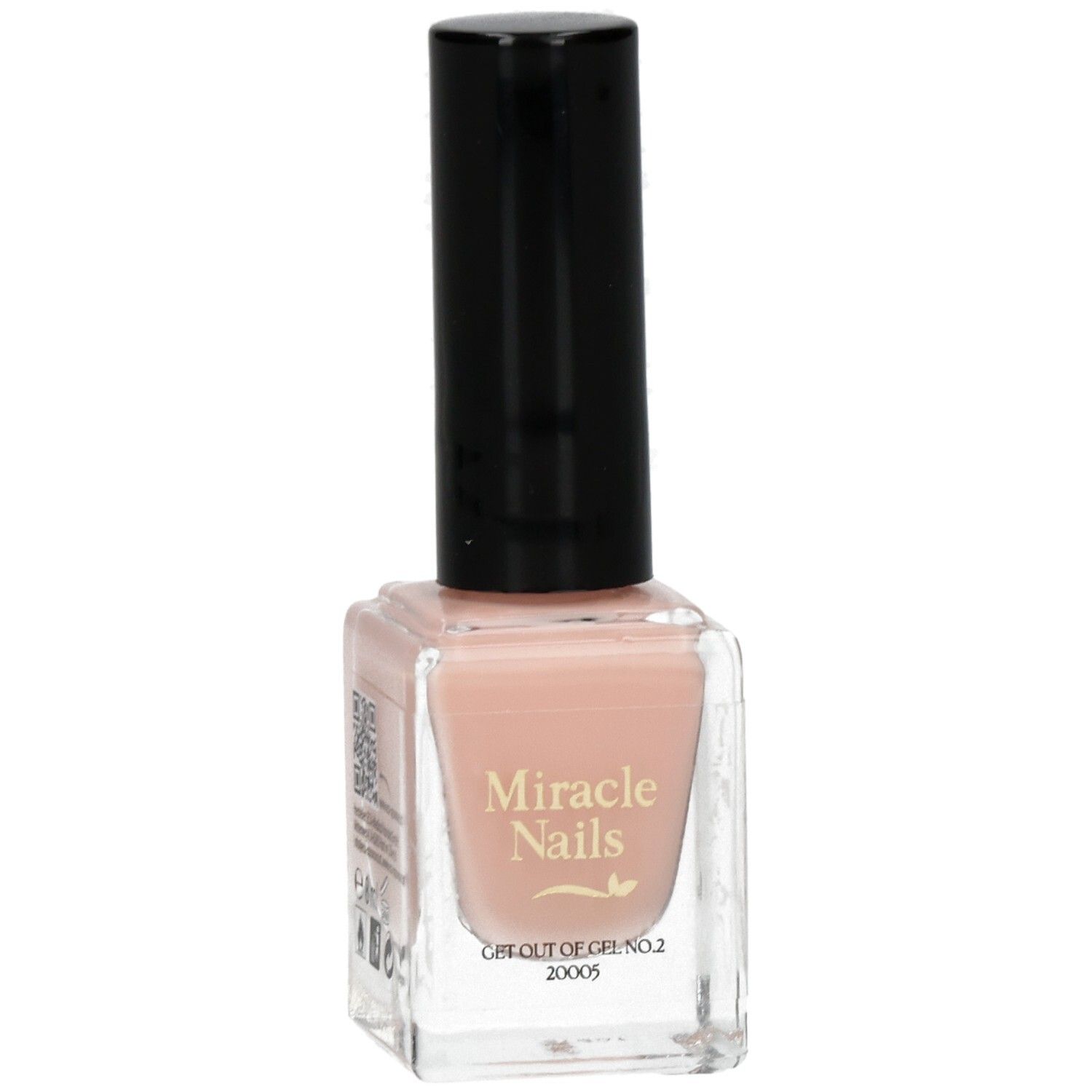 Nagellackflasche mit schwarzem Deckel. Aufschrift: Miracle Nails, GET OUT OF GEL NR.2. Farbton: Rosa.