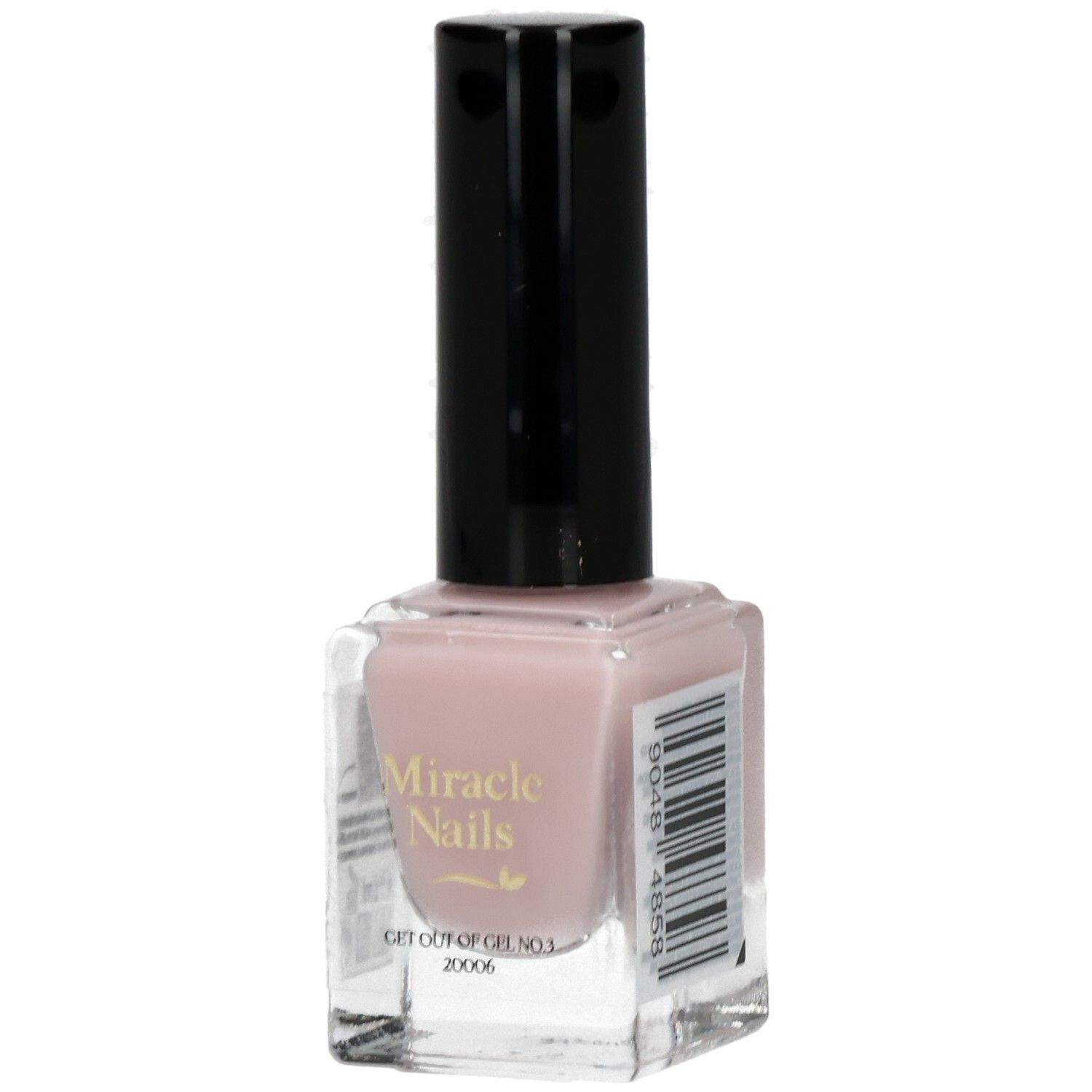 Nagellackflasche mit rosafarbenem Inhalt und schwarzem Deckel. Aufschrift: Miracle Nails, GET OUT OF GEL NR.3.