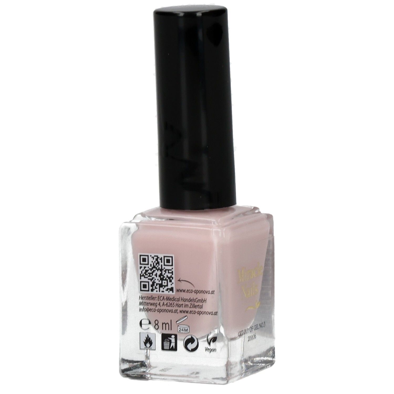 Nagellackflasche mit rosafarbenem Inhalt und schwarzem Deckel. Auf der Rückseite QR-Code und Informationen.