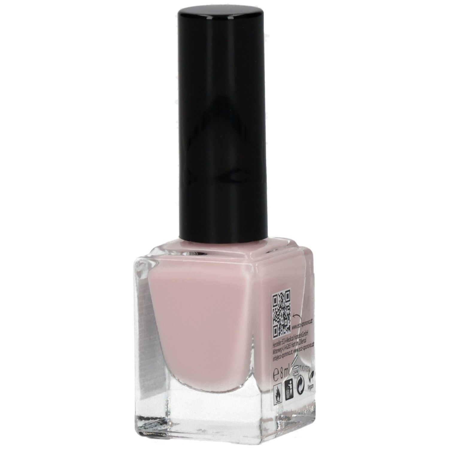 Nagellackflasche mit rosafarbenem Inhalt und schwarzem Deckel. Rückseite mit QR-Code und Text.