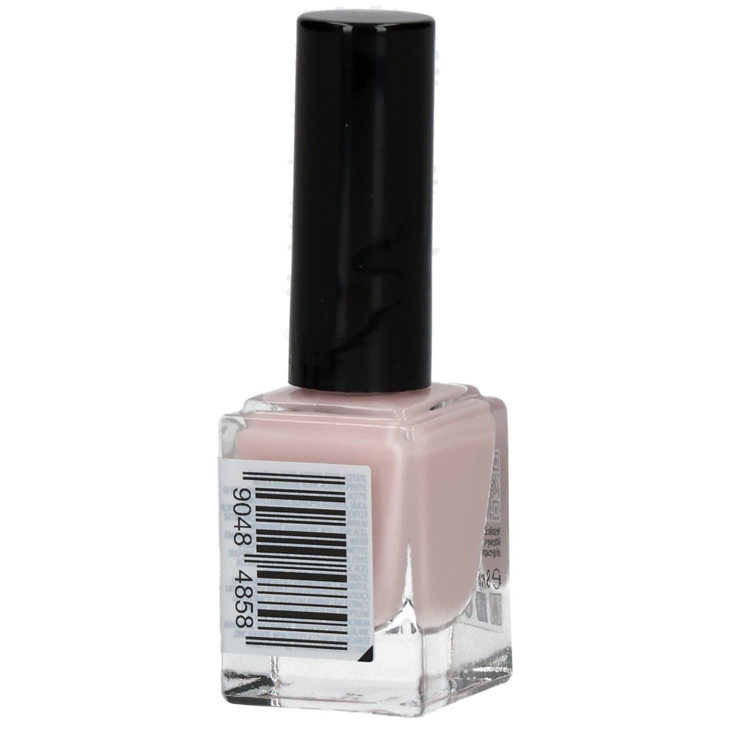 Nagellackflasche mit rosafarbenem Inhalt und schwarzem Deckel. Auf der Rückseite Barcode.
