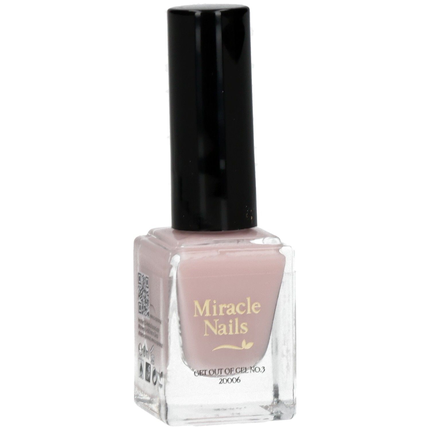 Nagellackflasche mit rosafarbenem Inhalt und schwarzem Deckel. Aufschrift: Miracle Nails, GET OUT OF GEL NR.3.