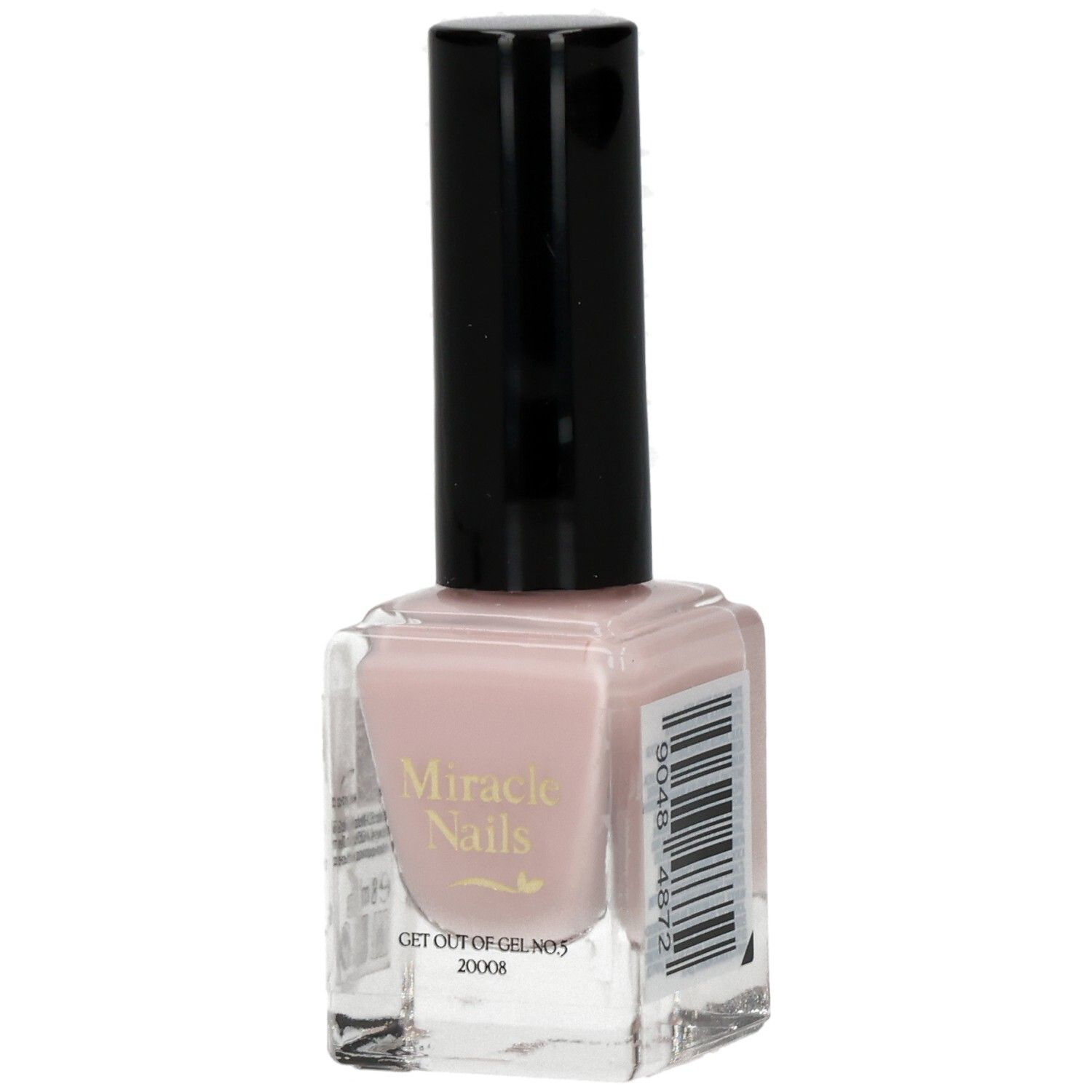 Nagellackflasche mit schwarzem Deckel. Aufschrift: Miracle Nails, GET OUT OF GEL NR.5, 20008. Farbton: Rosa.