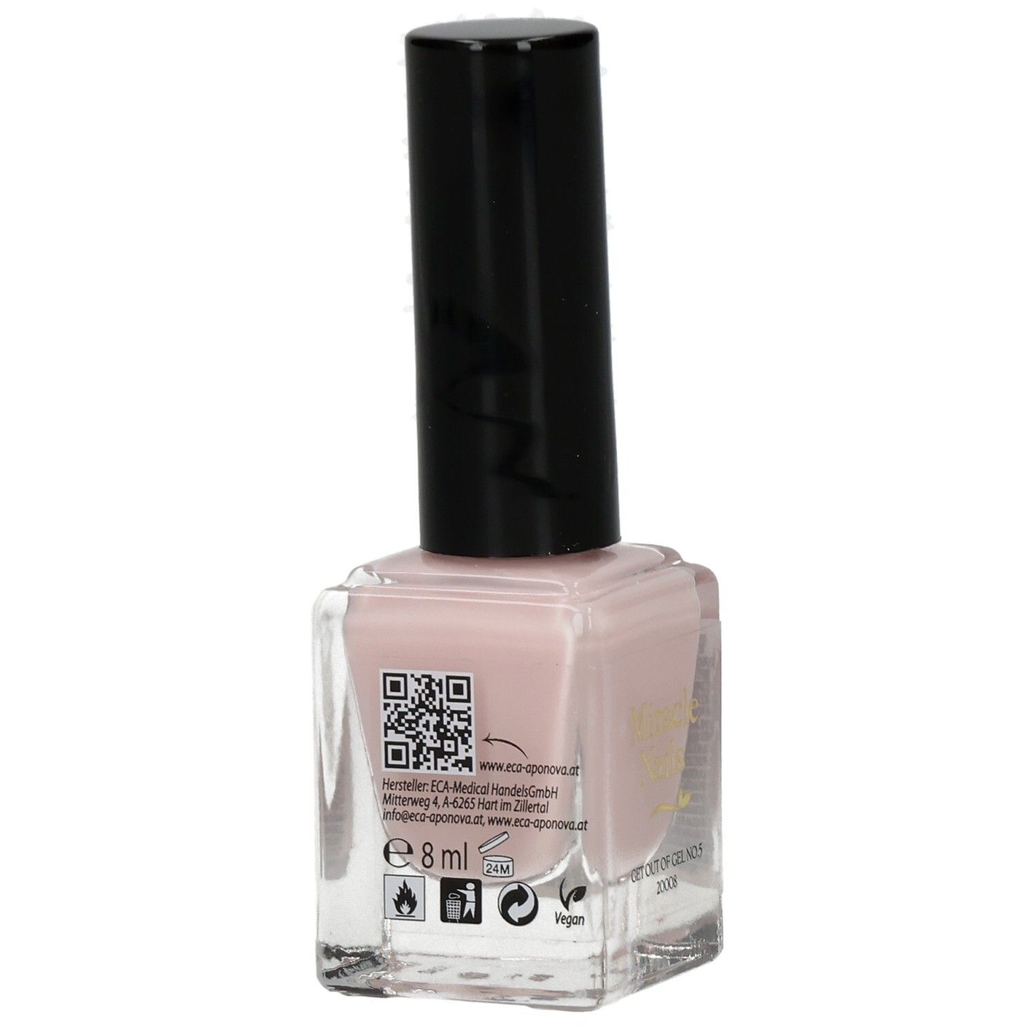 Nagellackflasche mit schwarzem Deckel. Aufschrift: Miracle Nails. Auf der Rückseite QR-Code und Informationen. Farbton: Rosa.