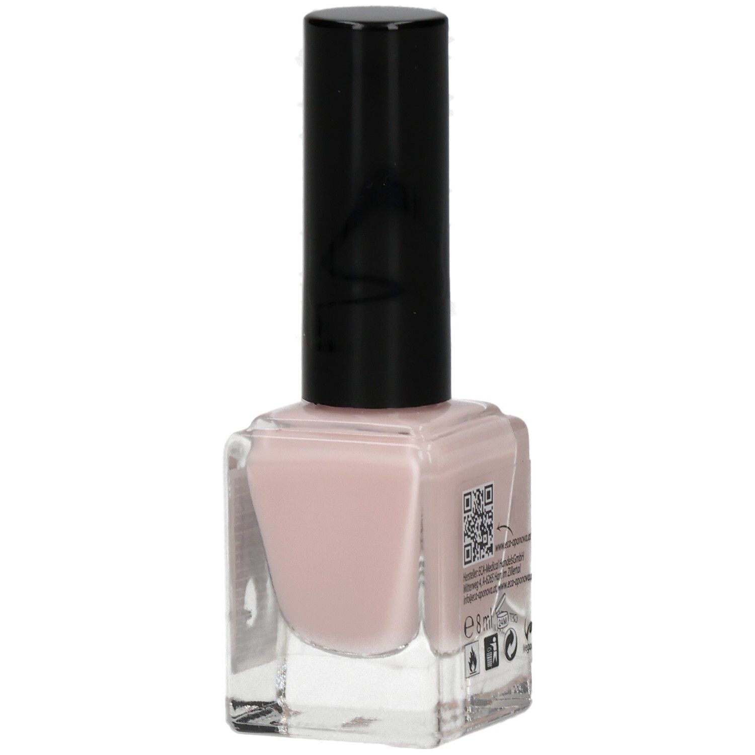 Nagellackflasche mit schwarzem Deckel. Aufschrift: Miracle Nails. Auf der Rückseite QR-Code und Informationen. Farbton: Rosa.