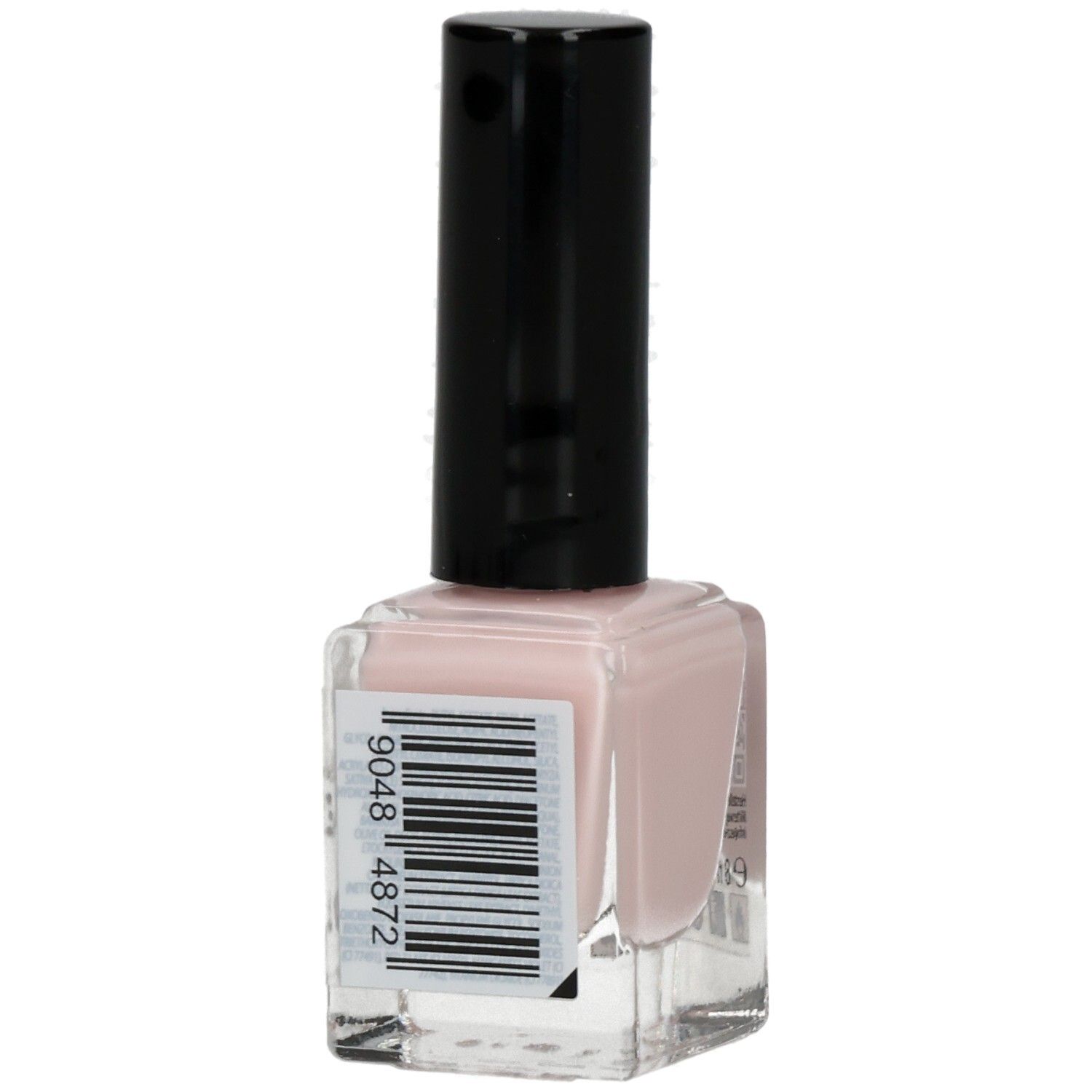 Nagellackflasche mit schwarzem Deckel. Auf der Rückseite Barcode. Farbton: Rosa.
