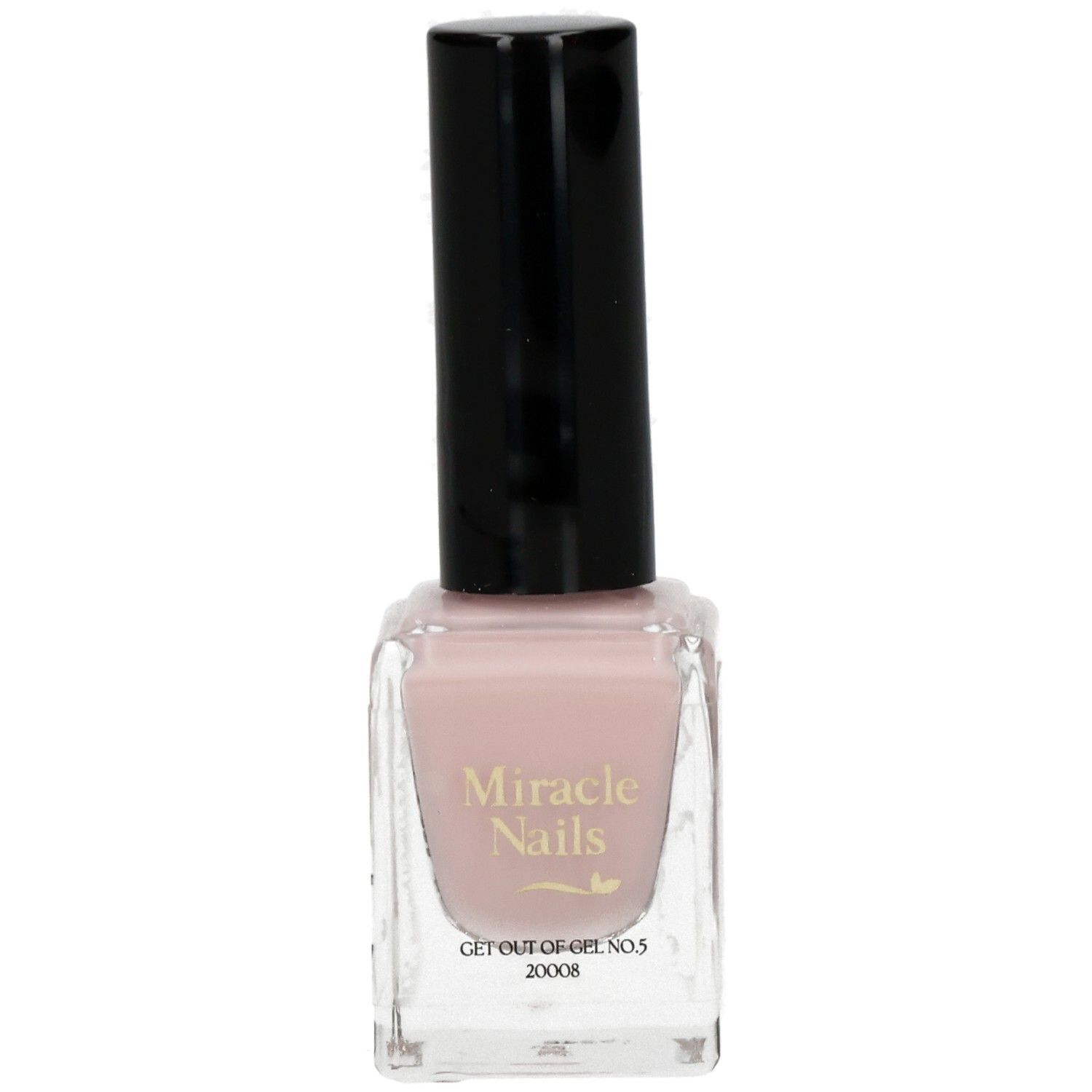 Nagellackflasche mit schwarzem Deckel. Aufschrift: Miracle Nails, GET OUT OF GEL NR.5, 20008. Farbton: Rosa.