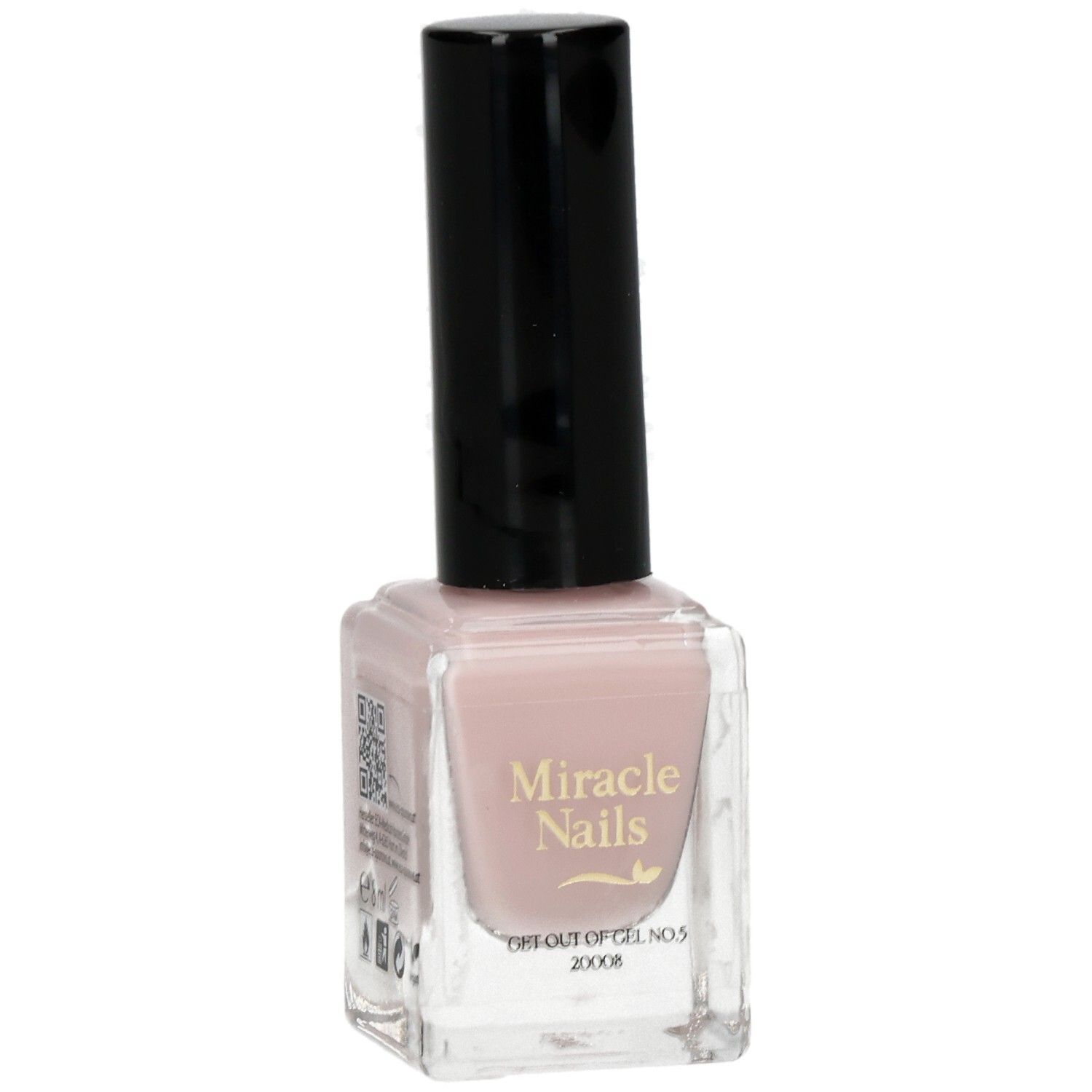 Nagellackflasche mit schwarzem Deckel. Aufschrift: Miracle Nails, GET OUT OF GEL NR.5, 20008. Farbton: Rosa.