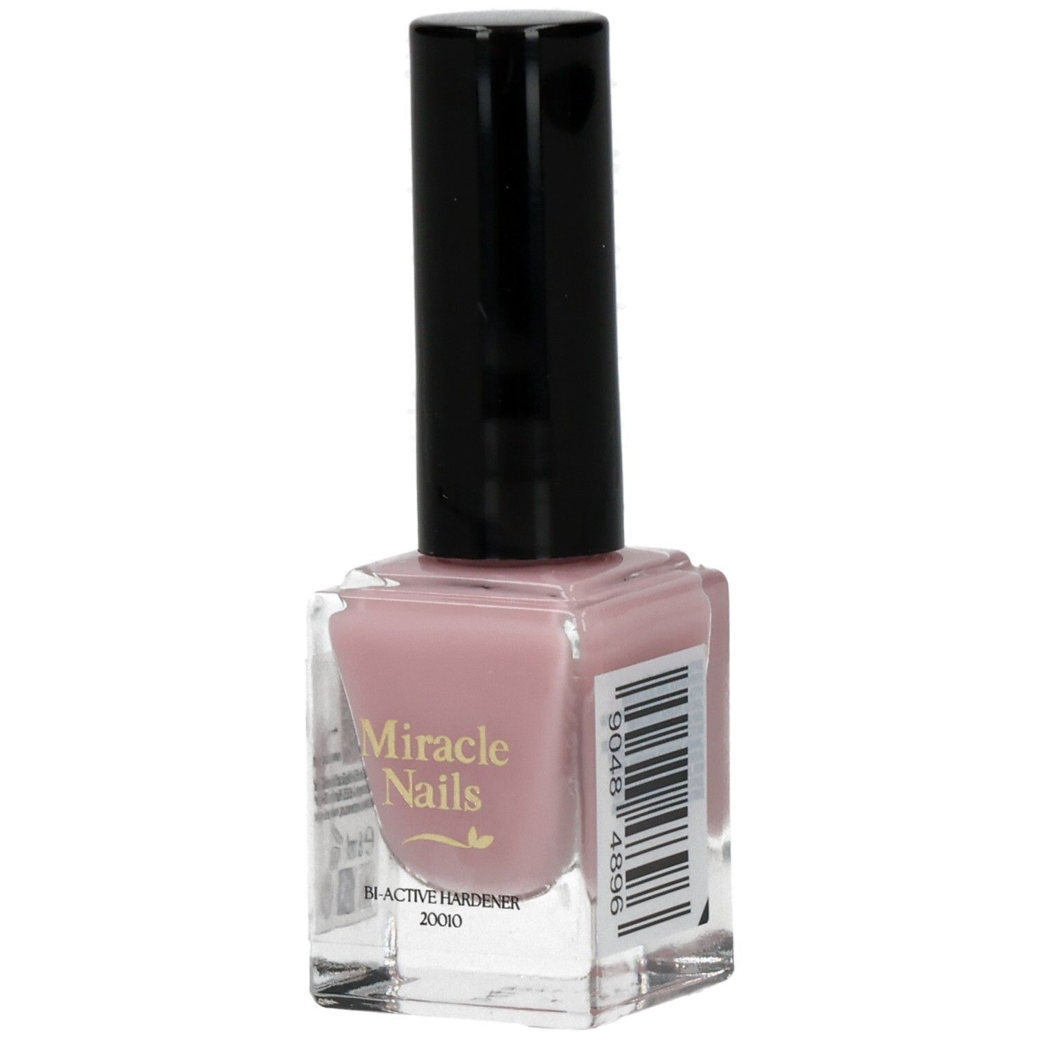 Nagellackflasche mit rosa Inhalt und schwarzem Deckel. Aufschrift: Miracle Nails. Barcode auf der Seite.