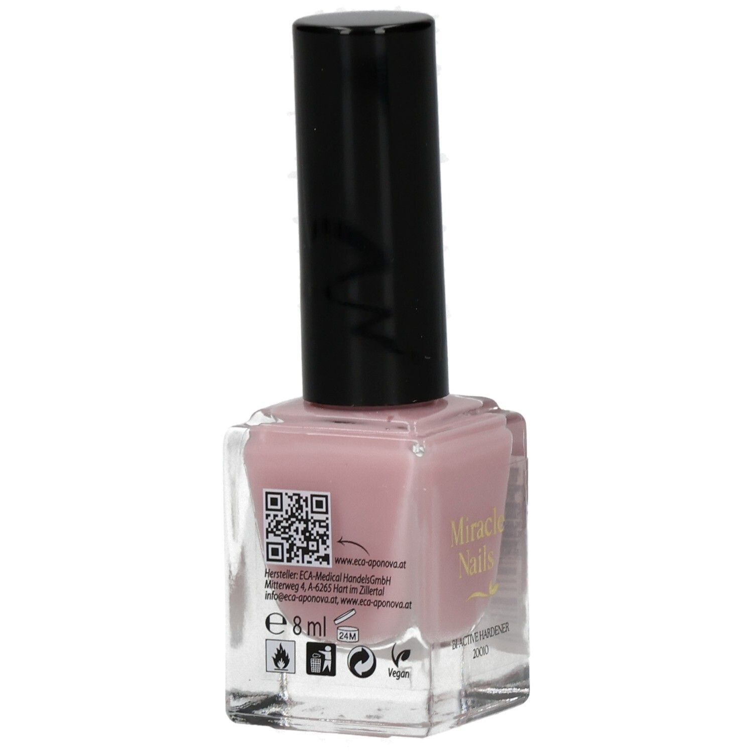 Nagellackflasche mit rosa Inhalt und schwarzem Deckel. Aufschrift: Miracle Nails. QR-Code und Logos auf der Seite.