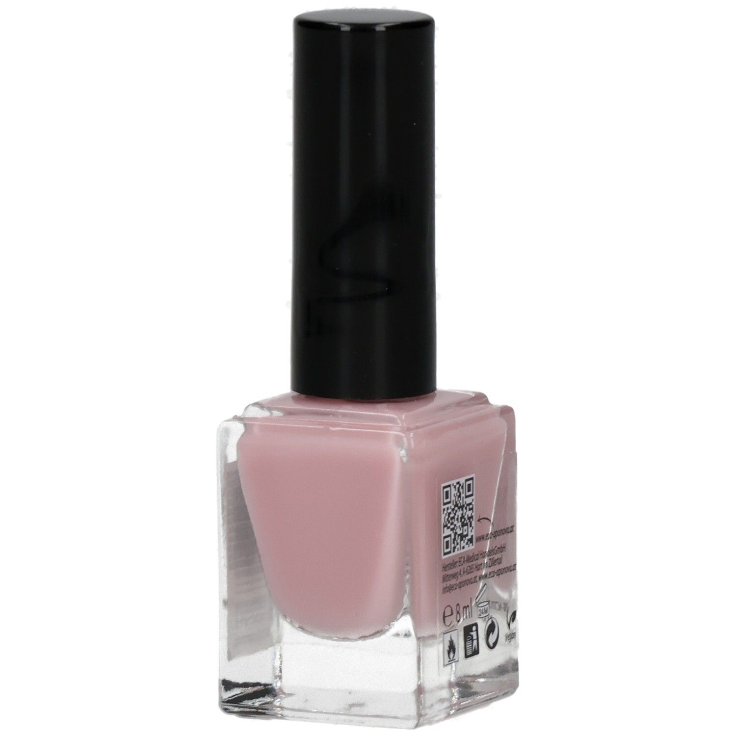 Nagellackflasche mit rosa Inhalt und schwarzem Deckel. Aufschrift: Miracle Nails. QR-Code auf der Seite.
