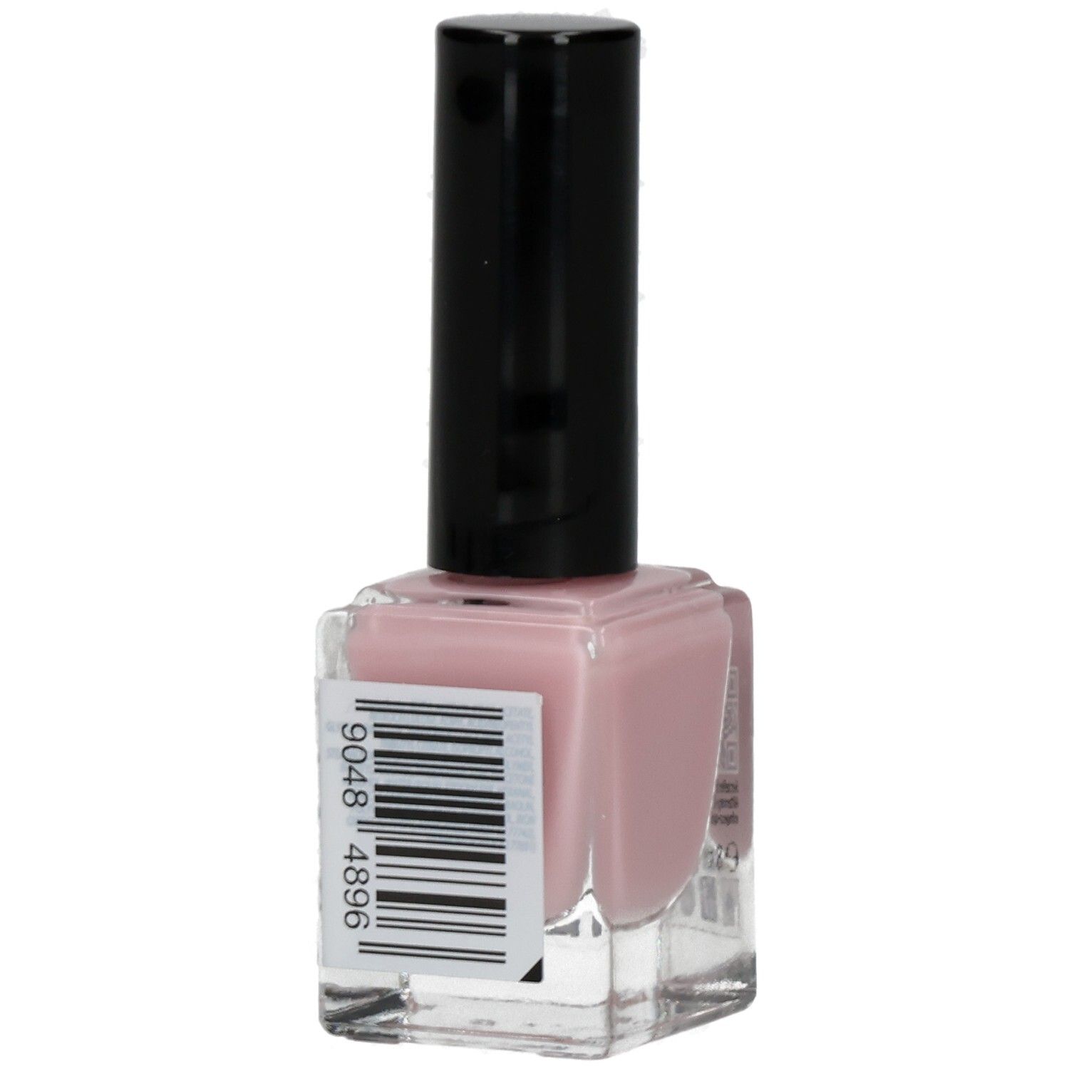 Nagellackflasche mit rosa Inhalt und schwarzem Deckel. Barcode auf der Seite.