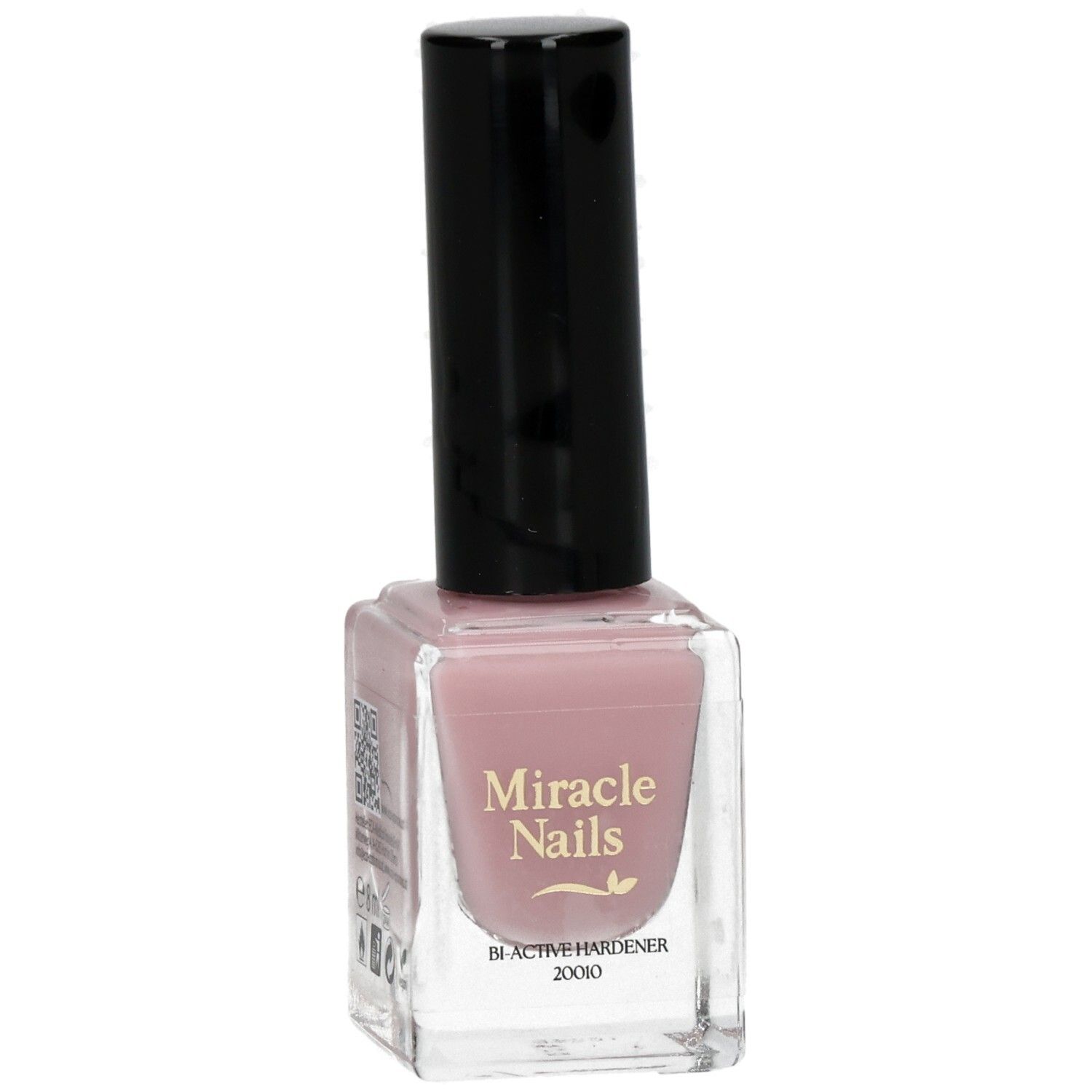 Nagellackflasche mit rosa Inhalt und schwarzem Deckel. Aufschrift: Miracle Nails, Bi-Active Hardener. Logos.