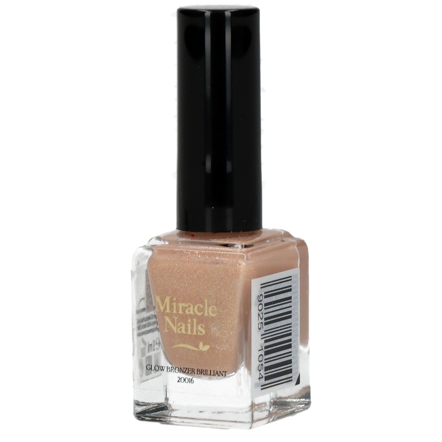 Nagellackflasche mit schwarzem Deckel. Aufschrift: Miracle Nails, Glow Bronzer Brilliant.
