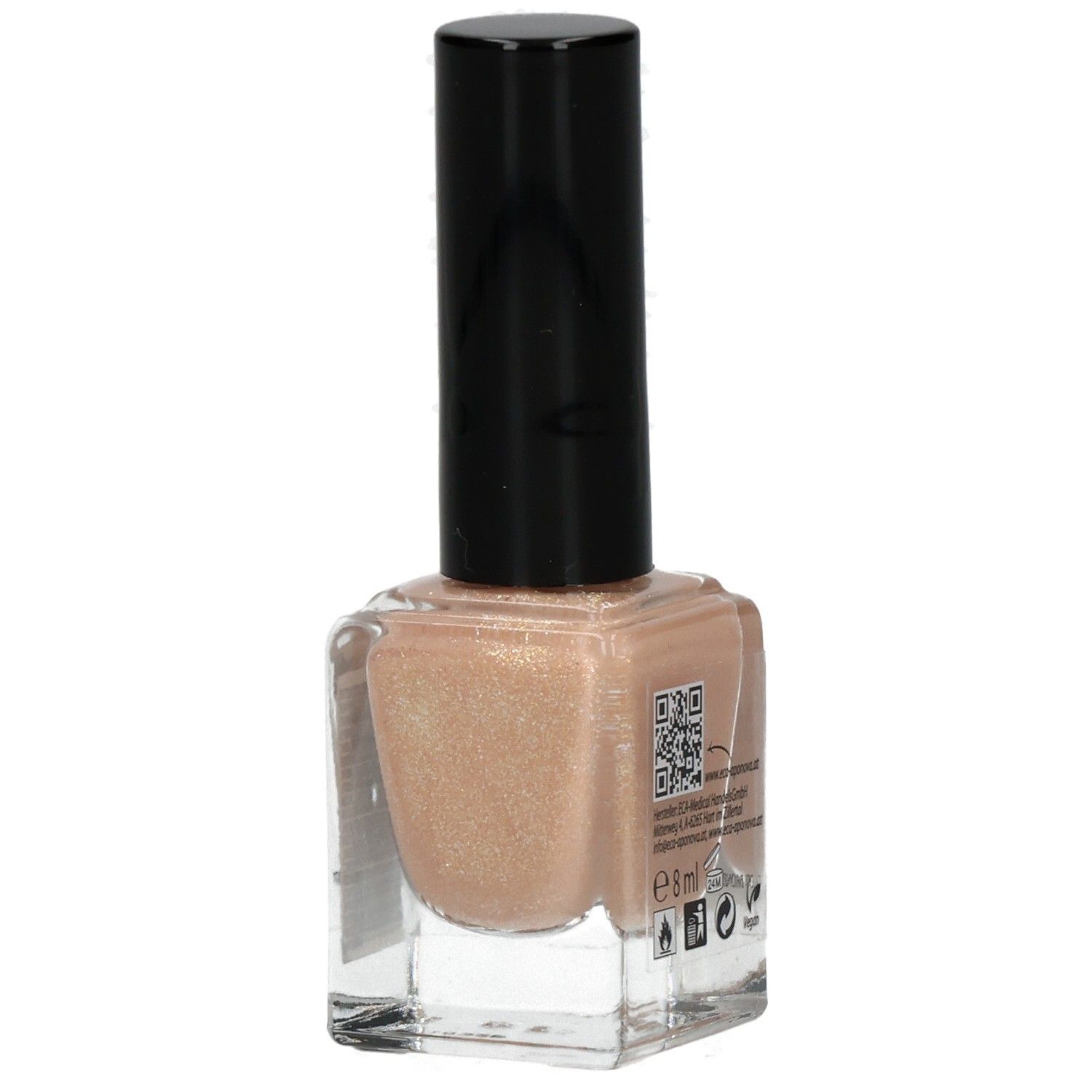 Nagellackflasche mit schwarzem Deckel. Aufschrift: Miracle Nails. QR-Code und Symbole.